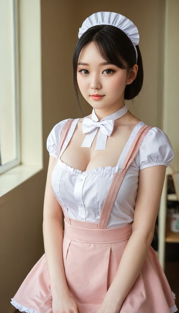 Tags: 21872187, SDXL
{"3": {"inputs": {"seed": 945186642436937, "steps": 64, "cfg": 5.93, "sampler_name": "dpmpp_2m", "scheduler": "karras", "denoise": 1.0, "model": ["27", 0], "positive": ["6", 0], "negative": ["7", 0], "latent_image": ["5", 0]}, "class_type": "KSampler"}, "4": {"inputs": {"ckpt_name": "juggernautXL_v8Rundiffusion.safetensors"}, "class_type": "CheckpointLoaderSimple"}, "5": {"inputs": {"width": 768, "height": 1344, "batch_size": 1}, "class_type": "EmptyLatentImage"}, "6": {"inputs": {"text": "19 year old girl, (irish:1.07), (korean:0.99), (russian:1.13), (double eyelids:0.99), (idol:0.96), (seductive facial expression:0.97), (slim:1.04), (eyelashes:1.05), (beautiful eyes:1.03), (pale skin:1.11), (seductive pose:1.03), (detailed face:1.00), (blush:1.02), (temptress:1.12), (cute:0.99), (sexy lips:1.09), (in a seductive pose:1.00), (large perky breasts:1.04), (cleavage:1.05), (thigh gap:1.14), in a (skimpy maid costume:1.08) working at a maid cafe, choker, bowtie, headband, pleated skirt, (textured skin:1.09), (portra:1.02), (RAW:1.06), (film:1.09), (natural looking skin:1.06), (soft lighting:1.09), (candid cinema:1.07), (skin fuzz:1.03), (detailed skin:1.03)", "clip": ["27", 1]}, "class_type": "CLIPTextEncode"}, "7": {"inputs": {"text": "(worst quality:1.06), (watermark:1.13), (open mouth:1.08), (twisted:1.10), (bad hands:1.06), (low resolution:1.12), (distorted:1.05)", "clip": ["27", 1]}, "class_type": "CLIPTextEncode"}, "8": {"inputs": {"samples": ["3", 0], "vae": ["4", 2]}, "class_type": "VAEDecode"}, "25": {"inputs": {"lora_name": "nudify_xl.safetensors", "strength_model": 0.37, "strength_clip": 0.02, "model": ["4", 0], "clip": ["4", 1]}, "class_type": "LoraLoader"}, "26": {"inputs": {"lora_name": "shirtlift_SDXL_v2.safetensors", "strength_model": 0.0, "strength_clip": 0.17, "model": ["25", 0], "clip": ["25", 1]}, "class_type": "LoraLoader"}, "27": {"inputs": {"lora_name": "PerfectEyesXL.safetensors", "strength_model": 0.07, "strength_clip": 0.01, "model": ["26", 0], "clip": ["26", 1]}, "class_type": "LoraLoader"}, "30": {"inputs": {"model_name": "4x_NMKD-Superscale-SP_178000_G.pth"}, "class_type": "UpscaleModelLoader"}, "31": {"inputs": {"upscale_model": ["30", 0], "image": ["8", 0]}, "class_type": "ImageUpscaleWithModel"}, "32": {"inputs": {"upscale_method": "lanczos", "scale_by": 0.5, "image": ["31", 0]}, "class_type": "ImageScaleBy"}, "33": {"inputs": {"pixels": ["32", 0], "vae": ["4", 2]}, "class_type": "VAEEncode"}, "34": {"inputs": {"seed": 945186642436937, "steps": 64, "cfg": 5.93, "sampler_name": "dpmpp_2m", "scheduler": "karras", "denoise": 0.3, "model": ["27", 0], "positive": ["6", 0], "negative": ["7", 0], "latent_image": ["33", 0]}, "class_type": "KSampler"}, "36": {"inputs": {"samples": ["34", 0], "vae": ["4", 2]}, "class_type": "VAEDecode"}, "39": {"inputs": {"filename_prefix": "comfyapi-1708012816306", "images": ["36", 0]}, "class_type": "SaveImage"}}