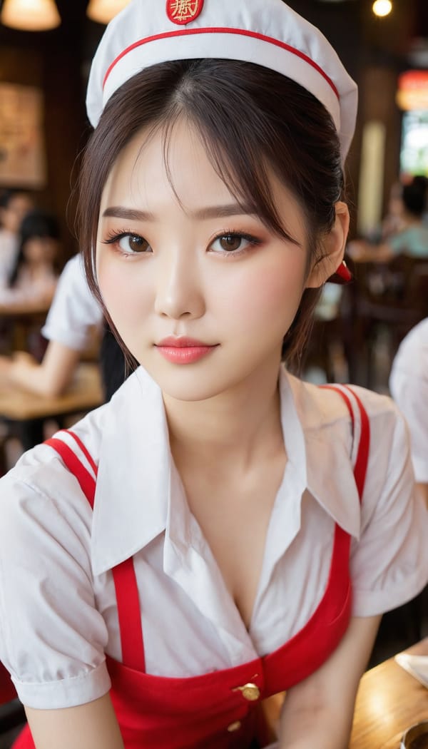 Tags: 21872187, SDXL
{"3": {"inputs": {"seed": 671483895919059, "steps": 64, "cfg": 5.16, "sampler_name": "dpmpp_2m", "scheduler": "karras", "denoise": 1.0, "model": ["27", 0], "positive": ["6", 0], "negative": ["7", 0], "latent_image": ["5", 0]}, "class_type": "KSampler"}, "4": {"inputs": {"ckpt_name": "juggernautxl.safetensors"}, "class_type": "CheckpointLoaderSimple"}, "5": {"inputs": {"width": 768, "height": 1344, "batch_size": 1}, "class_type": "EmptyLatentImage"}, "6": {"inputs": {"text": "23 year old girl, (chinese:1.07), (cute:1.13), (slim:1.02), (temptress:0.95), (detailed face:1.06), (double eyelids:1.01), (seductive pose:1.04), (seductive facial expression:0.95), (beautiful eyes:1.00), (sexy lips:1.08), (pale skin:1.13), (idol:0.97), (blush:1.03), (eyelashes:1.06), (in a seductive pose:1.06), (large perky breasts:1.02), (cleavage:0.96), (thigh gap:1.06), (a waitress in uniform:1.10) working at a restaurant, (RAW:1.06), (skin fuzz:1.00), (soft lighting:1.03), (natural looking skin:1.07), (film:1.03), (textured skin:1.00), (portra:1.03), (candid cinema:1.05), (detailed skin:1.00)", "clip": ["27", 1]}, "class_type": "CLIPTextEncode"}, "7": {"inputs": {"text": "(twisted:1.10), (distorted:1.14), (worst quality:1.11), (watermark:1.10), (low resolution:1.14), (open mouth:1.10)", "clip": ["27", 1]}, "class_type": "CLIPTextEncode"}, "8": {"inputs": {"samples": ["3", 0], "vae": ["4", 2]}, "class_type": "VAEDecode"}, "25": {"inputs": {"lora_name": "nudify_xl.safetensors", "strength_model": 0.03, "strength_clip": 0.08, "model": ["4", 0], "clip": ["4", 1]}, "class_type": "LoraLoader"}, "26": {"inputs": {"lora_name": "shirtlift_SDXL_v2.safetensors", "strength_model": 0.18, "strength_clip": 0.0, "model": ["25", 0], "clip": ["25", 1]}, "class_type": "LoraLoader"}, "27": {"inputs": {"lora_name": "PerfectEyesXL.safetensors", "strength_model": 0.04, "strength_clip": 0.0, "model": ["26", 0], "clip": ["26", 1]}, "class_type": "LoraLoader"}, "30": {"inputs": {"model_name": "4x_NMKD-Superscale-SP_178000_G.pth"}, "class_type": "UpscaleModelLoader"}, "31": {"inputs": {"upscale_model": ["30", 0], "image": ["8", 0]}, "class_type": "ImageUpscaleWithModel"}, "32": {"inputs": {"upscale_method": "lanczos", "scale_by": 0.5, "image": ["31", 0]}, "class_type": "ImageScaleBy"}, "33": {"inputs": {"pixels": ["32", 0], "vae": ["4", 2]}, "class_type": "VAEEncode"}, "34": {"inputs": {"seed": 671483895919059, "steps": 64, "cfg": 5.16, "sampler_name": "dpmpp_2m", "scheduler": "karras", "denoise": 0.3, "model": ["27", 0], "positive": ["6", 0], "negative": ["7", 0], "latent_image": ["33", 0]}, "class_type": "KSampler"}, "36": {"inputs": {"samples": ["34", 0], "vae": ["4", 2]}, "class_type": "VAEDecode"}, "39": {"inputs": {"filename_prefix": "comfyapi-1715833704795", "images": ["36", 0]}, "class_type": "SaveImage"}}