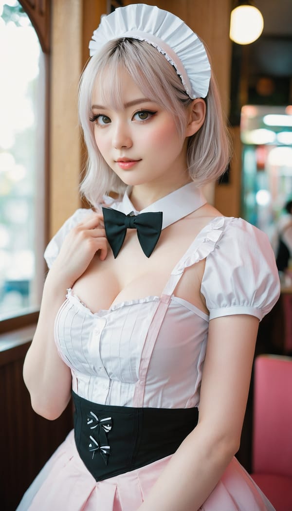 Tags: 21872187, SDXL
{"3": {"inputs": {"seed": 497686168294339, "steps": 64, "cfg": 7.01, "sampler_name": "dpmpp_2m", "scheduler": "karras", "denoise": 1.0, "model": ["27", 0], "positive": ["6", 0], "negative": ["7", 0], "latent_image": ["5", 0]}, "class_type": "KSampler"}, "4": {"inputs": {"ckpt_name": "juggernautxl.safetensors"}, "class_type": "CheckpointLoaderSimple"}, "5": {"inputs": {"width": 768, "height": 1344, "batch_size": 1}, "class_type": "EmptyLatentImage"}, "6": {"inputs": {"text": "23 year old girl, (cute:1.02), (pale skin:0.98), (detailed face:1.13), (temptress:1.12), (eyelashes:0.97), (beautiful eyes:0.99), (double eyelids:1.10), (blush:1.07), (seductive facial expression:1.13), (slim:1.02), (idol:0.97), (seductive pose:1.10), (sexy lips:1.03), (in a seductive pose:0.96), (large perky breasts:1.11), (cleavage:0.97), (thigh gap:1.06), in a (skimpy maid costume:1.10) working at a maid cafe, choker, bowtie, headband, pleated skirt, (candid cinema:1.01), (textured skin:1.06), (detailed skin:1.07), (film:1.03), (natural looking skin:1.04), (RAW:1.06), (portra:1.02), (skin fuzz:1.04), (soft lighting:1.08)", "clip": ["27", 1]}, "class_type": "CLIPTextEncode"}, "7": {"inputs": {"text": "(low resolution:1.10), (open mouth:1.14), (distorted:1.05), (watermark:1.06), (twisted:1.13), (worst quality:1.13), (bad hands:1.07)", "clip": ["27", 1]}, "class_type": "CLIPTextEncode"}, "8": {"inputs": {"samples": ["3", 0], "vae": ["4", 2]}, "class_type": "VAEDecode"}, "25": {"inputs": {"lora_name": "nudify_xl.safetensors", "strength_model": 0.0, "strength_clip": 0.07, "model": ["4", 0], "clip": ["4", 1]}, "class_type": "LoraLoader"}, "26": {"inputs": {"lora_name": "shirtlift_SDXL_v2.safetensors", "strength_model": 0.06, "strength_clip": 0.01, "model": ["25", 0], "clip": ["25", 1]}, "class_type": "LoraLoader"}, "27": {"inputs": {"lora_name": "PerfectEyesXL.safetensors", "strength_model": 0.05, "strength_clip": 0.0, "model": ["26", 0], "clip": ["26", 1]}, "class_type": "LoraLoader"}, "30": {"inputs": {"model_name": "4x_NMKD-Superscale-SP_178000_G.pth"}, "class_type": "UpscaleModelLoader"}, "31": {"inputs": {"upscale_model": ["30", 0], "image": ["8", 0]}, "class_type": "ImageUpscaleWithModel"}, "32": {"inputs": {"upscale_method": "lanczos", "scale_by": 0.5, "image": ["31", 0]}, "class_type": "ImageScaleBy"}, "33": {"inputs": {"pixels": ["32", 0], "vae": ["4", 2]}, "class_type": "VAEEncode"}, "34": {"inputs": {"seed": 497686168294339, "steps": 64, "cfg": 7.01, "sampler_name": "dpmpp_2m", "scheduler": "karras", "denoise": 0.3, "model": ["27", 0], "positive": ["6", 0], "negative": ["7", 0], "latent_image": ["33", 0]}, "class_type": "KSampler"}, "36": {"inputs": {"samples": ["34", 0], "vae": ["4", 2]}, "class_type": "VAEDecode"}, "39": {"inputs": {"filename_prefix": "comfyapi-1728054597028", "images": ["36", 0]}, "class_type": "SaveImage"}}