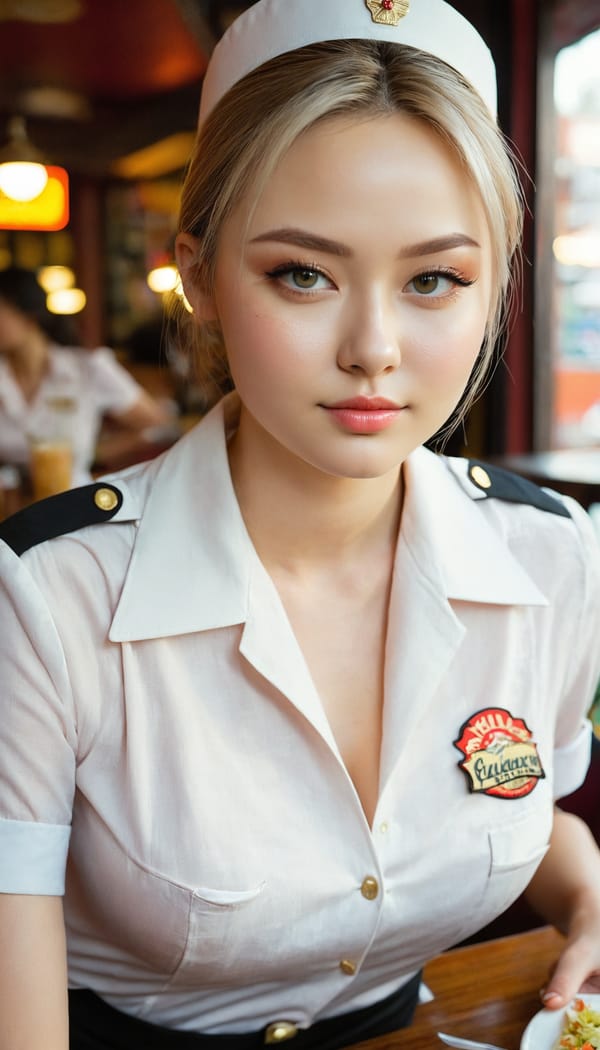 Tags: 21872187, SDXL
{"3": {"inputs": {"seed": 170367977690175, "steps": 32, "cfg": 6.86, "sampler_name": "dpmpp_2m", "scheduler": "karras", "denoise": 1.0, "model": ["27", 0], "positive": ["6", 0], "negative": ["7", 0], "latent_image": ["5", 0]}, "class_type": "KSampler"}, "4": {"inputs": {"ckpt_name": "juggernautxl.safetensors"}, "class_type": "CheckpointLoaderSimple"}, "5": {"inputs": {"width": 768, "height": 1344, "batch_size": 1}, "class_type": "EmptyLatentImage"}, "6": {"inputs": {"text": "27 year old girl, (russian:0.99), (double eyelids:0.95), (cute:1.05), (seductive facial expression:1.07), (idol:1.14), (detailed face:0.98), (sexy lips:1.12), (seductive pose:1.00), (eyelashes:1.05), (temptress:1.06), (beautiful eyes:1.14), (slim:1.02), (pale skin:0.98), (blush:0.98), (in a seductive pose:1.08), (large perky breasts:1.12), (cleavage:1.00), (thigh gap:0.95), (a waitress in uniform:1.14) working at a restaurant, (film:1.09), (detailed skin:1.00), (candid cinema:1.02), (soft lighting:1.07), (portra:1.00), (RAW:1.03), (textured skin:1.06), (natural looking skin:1.04), (skin fuzz:1.02)", "clip": ["27", 1]}, "class_type": "CLIPTextEncode"}, "7": {"inputs": {"text": "(low resolution:1.08), (twisted:1.05), (worst quality:1.14), (distorted:1.06), (open mouth:1.08), (bad hands:1.09), (watermark:1.11)", "clip": ["27", 1]}, "class_type": "CLIPTextEncode"}, "8": {"inputs": {"samples": ["3", 0], "vae": ["4", 2]}, "class_type": "VAEDecode"}, "25": {"inputs": {"lora_name": "nudify_xl.safetensors", "strength_model": 0.25, "strength_clip": 0.06, "model": ["4", 0], "clip": ["4", 1]}, "class_type": "LoraLoader"}, "26": {"inputs": {"lora_name": "shirtlift_SDXL_v2.safetensors", "strength_model": 0.08, "strength_clip": 0.12, "model": ["25", 0], "clip": ["25", 1]}, "class_type": "LoraLoader"}, "27": {"inputs": {"lora_name": "PerfectEyesXL.safetensors", "strength_model": 0.16, "strength_clip": 0.11, "model": ["26", 0], "clip": ["26", 1]}, "class_type": "LoraLoader"}, "30": {"inputs": {"model_name": "4x_NMKD-Superscale-SP_178000_G.pth"}, "class_type": "UpscaleModelLoader"}, "31": {"inputs": {"upscale_model": ["30", 0], "image": ["8", 0]}, "class_type": "ImageUpscaleWithModel"}, "32": {"inputs": {"upscale_method": "lanczos", "scale_by": 0.5, "image": ["31", 0]}, "class_type": "ImageScaleBy"}, "33": {"inputs": {"pixels": ["32", 0], "vae": ["4", 2]}, "class_type": "VAEEncode"}, "34": {"inputs": {"seed": 170367977690175, "steps": 32, "cfg": 6.86, "sampler_name": "dpmpp_2m", "scheduler": "karras", "denoise": 0.3, "model": ["27", 0], "positive": ["6", 0], "negative": ["7", 0], "latent_image": ["33", 0]}, "class_type": "KSampler"}, "36": {"inputs": {"samples": ["34", 0], "vae": ["4", 2]}, "class_type": "VAEDecode"}, "39": {"inputs": {"filename_prefix": "comfyapi-1731305830060", "images": ["36", 0]}, "class_type": "SaveImage"}}