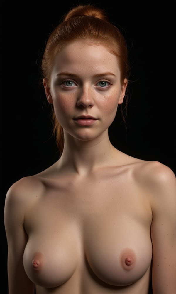 Tags: undefined
(full body photo of topless pale readhead 1girl:1.2),  (Natural breasts with aroused nipples1.1) simple background, brown hair ponytail, swept bangs, shaved smooth vagina , elegant, beautiful, freckles, realistic, beautiful eyes, dark shadows, night background, dark, chiaroscuro, low-key, slight smile, 
<lora:skin_4:0.2>, <lora:Perfect Hands v2:0.2>,
Negative prompt: pubic hair, bad quality, blurry, ugly, hand, hands, panties, thong

Steps: 24, Sampler: Euler a, CFG scale: 2, Seed: 2104456735, Size: 768x1280, Model hash: c8df560d29, Model: juggernautXL_v9Rdphoto2Lightning, Denoising strength: 0.5, Wildcard prompt: "(full body photo of topless pale readhead 1girl:1.2),  (__breast_size__ breasts with aroused nipples1.1) simple background, brown hair ponytail, swept bangs, __sexy_bottom_attire__, elegant, beautiful, freckles, realistic, beautiful eyes, dark shadows, night background, dark, chiaroscuro, low-key, slight smile, \n<lora:skin_4:0.2>, <lora:Perfect Hands v2:0.2>,", Hires upscale: 1.5, Hires steps: 12, Hires upscaler: R-ESRGAN 4x+, Lora hashes: "skin_4: 0fa3db041a60, Perfect Hands v2: 8448755682f7", Version: v1.8.0