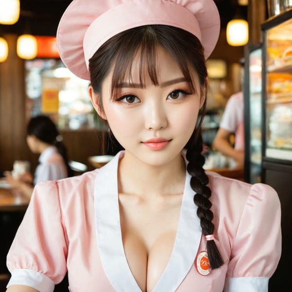 Tags: 21872187, SDXL
{"3": {"inputs": {"seed": 301484098326745, "steps": 64, "cfg": 6.51, "sampler_name": "dpmpp_2m", "scheduler": "karras", "denoise": 1.0, "model": ["27", 0], "positive": ["6", 0], "negative": ["7", 0], "latent_image": ["5", 0]}, "class_type": "KSampler"}, "4": {"inputs": {"ckpt_name": "juggernautxl.safetensors"}, "class_type": "CheckpointLoaderSimple"}, "5": {"inputs": {"width": 1024, "height": 1024, "batch_size": 1}, "class_type": "EmptyLatentImage"}, "6": {"inputs": {"text": "18 year old girl, (japanese:1.08), (taiwanese:1.10), (russian:1.06), (seductive facial expression:0.97), (blush:1.12), (seductive pose:1.05), (cute:0.95), (slim:1.12), (sexy lips:1.12), (double eyelids:1.08), (temptress:1.05), (eyelashes:1.02), (detailed face:0.99), (idol:1.02), (pale skin:1.04), (in a seductive pose:1.01), (large perky breasts:1.02), (cleavage:1.00), (thigh gap:1.05), (a waitress in uniform:1.04) working at a restaurant, (textured skin:1.07), (RAW:1.00), (film:1.06), (detailed skin:1.06), (skin fuzz:1.00), (portra:1.05), (natural looking skin:1.01), (soft lighting:1.08), (candid cinema:1.05)", "clip": ["27", 1]}, "class_type": "CLIPTextEncode"}, "7": {"inputs": {"text": "(distorted:1.05), (twisted:1.05), (watermark:1.11), (bad hands:1.10), (low resolution:1.10), (worst quality:1.12), (open mouth:1.10)", "clip": ["27", 1]}, "class_type": "CLIPTextEncode"}, "8": {"inputs": {"samples": ["3", 0], "vae": ["4", 2]}, "class_type": "VAEDecode"}, "25": {"inputs": {"lora_name": "nudify_xl.safetensors", "strength_model": 0.37, "strength_clip": 0.23, "model": ["4", 0], "clip": ["4", 1]}, "class_type": "LoraLoader"}, "26": {"inputs": {"lora_name": "shirtlift_SDXL_v2.safetensors", "strength_model": 0.0, "strength_clip": 0.14, "model": ["25", 0], "clip": ["25", 1]}, "class_type": "LoraLoader"}, "27": {"inputs": {"lora_name": "PerfectEyesXL.safetensors", "strength_model": 0.0, "strength_clip": 0.08, "model": ["26", 0], "clip": ["26", 1]}, "class_type": "LoraLoader"}, "30": {"inputs": {"model_name": "4x_NMKD-Superscale-SP_178000_G.pth"}, "class_type": "UpscaleModelLoader"}, "31": {"inputs": {"upscale_model": ["30", 0], "image": ["8", 0]}, "class_type": "ImageUpscaleWithModel"}, "32": {"inputs": {"upscale_method": "lanczos", "scale_by": 0.5, "image": ["31", 0]}, "class_type": "ImageScaleBy"}, "33": {"inputs": {"pixels": ["32", 0], "vae": ["4", 2]}, "class_type": "VAEEncode"}, "34": {"inputs": {"seed": 301484098326745, "steps": 64, "cfg": 6.51, "sampler_name": "dpmpp_2m", "scheduler": "karras", "denoise": 0.3, "model": ["27", 0], "positive": ["6", 0], "negative": ["7", 0], "latent_image": ["33", 0]}, "class_type": "KSampler"}, "36": {"inputs": {"samples": ["34", 0], "vae": ["4", 2]}, "class_type": "VAEDecode"}, "39": {"inputs": {"filename_prefix": "comfyapi-1717359920355", "images": ["36", 0]}, "class_type": "SaveImage"}}