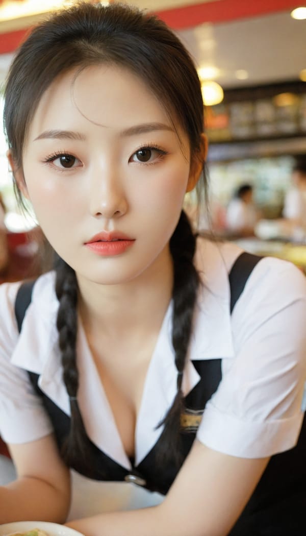 Tags: 21872187, SDXL
{"3": {"inputs": {"seed": 253183460212381, "steps": 32, "cfg": 5.43, "sampler_name": "dpmpp_2m", "scheduler": "karras", "denoise": 1.0, "model": ["27", 0], "positive": ["6", 0], "negative": ["7", 0], "latent_image": ["5", 0]}, "class_type": "KSampler"}, "4": {"inputs": {"ckpt_name": "leosamsHelloworldSDXL_helloworldSDXL32DPO.safetensors"}, "class_type": "CheckpointLoaderSimple"}, "5": {"inputs": {"width": 768, "height": 1344, "batch_size": 1}, "class_type": "EmptyLatentImage"}, "6": {"inputs": {"text": "24 year old girl, (korean:1.10), (chinese:1.10), (sexy lips:1.00), (beautiful eyes:0.95), (slim:1.00), (pale skin:0.97), (blush:1.00), (detailed face:0.95), (eyelashes:1.07), (double eyelids:0.97), (idol:1.14), (seductive facial expression:1.08), (in a seductive pose:1.07), (large perky breasts:0.99), (cleavage:1.08), (thigh gap:0.96), (a waitress in uniform:1.12) working at a restaurant, (film:1.03), (candid cinema:1.07), (portra:1.06), (detailed skin:1.06), (natural looking skin:1.09), (RAW:1.05), (skin fuzz:1.09), (textured skin:1.02), (soft lighting:1.05)", "clip": ["27", 1]}, "class_type": "CLIPTextEncode"}, "7": {"inputs": {"text": "(twisted:1.07), (worst quality:1.14), (low resolution:1.13), (distorted:1.09), (watermark:1.12), (bad hands:1.11), (open mouth:1.06)", "clip": ["27", 1]}, "class_type": "CLIPTextEncode"}, "8": {"inputs": {"samples": ["3", 0], "vae": ["4", 2]}, "class_type": "VAEDecode"}, "25": {"inputs": {"lora_name": "nudify_xl.safetensors", "strength_model": 0.27, "strength_clip": 0.0, "model": ["4", 0], "clip": ["4", 1]}, "class_type": "LoraLoader"}, "26": {"inputs": {"lora_name": "shirtlift_SDXL_v2.safetensors", "strength_model": 0.12, "strength_clip": 0.04, "model": ["25", 0], "clip": ["25", 1]}, "class_type": "LoraLoader"}, "27": {"inputs": {"lora_name": "PerfectEyesXL.safetensors", "strength_model": 0.13, "strength_clip": 0.1, "model": ["26", 0], "clip": ["26", 1]}, "class_type": "LoraLoader"}, "30": {"inputs": {"model_name": "4x_NMKD-Superscale-SP_178000_G.pth"}, "class_type": "UpscaleModelLoader"}, "31": {"inputs": {"upscale_model": ["30", 0], "image": ["8", 0]}, "class_type": "ImageUpscaleWithModel"}, "32": {"inputs": {"upscale_method": "lanczos", "scale_by": 0.5, "image": ["31", 0]}, "class_type": "ImageScaleBy"}, "33": {"inputs": {"pixels": ["32", 0], "vae": ["4", 2]}, "class_type": "VAEEncode"}, "34": {"inputs": {"seed": 253183460212381, "steps": 32, "cfg": 5.43, "sampler_name": "dpmpp_2m", "scheduler": "karras", "denoise": 0.3, "model": ["27", 0], "positive": ["6", 0], "negative": ["7", 0], "latent_image": ["33", 0]}, "class_type": "KSampler"}, "36": {"inputs": {"samples": ["34", 0], "vae": ["4", 2]}, "class_type": "VAEDecode"}, "39": {"inputs": {"filename_prefix": "comfyapi-1707490404176", "images": ["36", 0]}, "class_type": "SaveImage"}}