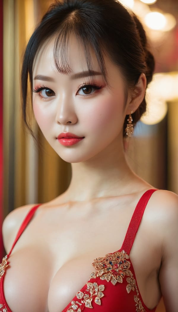 Tags: 21872187, SDXL
{"3": {"inputs": {"seed": 214571911656031, "steps": 64, "cfg": 7.17, "sampler_name": "dpmpp_2m", "scheduler": "karras", "denoise": 1.0, "model": ["27", 0], "positive": ["6", 0], "negative": ["7", 0], "latent_image": ["5", 0]}, "class_type": "KSampler"}, "4": {"inputs": {"ckpt_name": "juggernautxl.safetensors"}, "class_type": "CheckpointLoaderSimple"}, "5": {"inputs": {"width": 768, "height": 1344, "batch_size": 1}, "class_type": "EmptyLatentImage"}, "6": {"inputs": {"text": "25 year old girl, (russian:1.09), (chinese:1.09), (detailed face:1.11), (eyelashes:1.04), (cute:0.98), (idol:1.12), (pale skin:1.01), (blush:1.04), (temptress:0.99), (beautiful eyes:1.10), (sexy lips:1.04), (seductive pose:0.97), (seductive facial expression:1.14), (double eyelids:1.09), (in a seductive pose:1.01), (large perky breasts:1.12), (cleavage:0.96), (thigh gap:1.04), (wearing a low-cut red dress:0.98) at a ballroom, (candid cinema:1.00), (RAW:1.07), (soft lighting:1.02), (portra:1.01), (textured skin:1.03), (natural looking skin:1.03), (film:1.01), (skin fuzz:1.07), (detailed skin:1.05)", "clip": ["27", 1]}, "class_type": "CLIPTextEncode"}, "7": {"inputs": {"text": "(distorted:1.08), (low resolution:1.05), (worst quality:1.07), (twisted:1.11), (open mouth:1.06), (watermark:1.08), (bad hands:1.10)", "clip": ["27", 1]}, "class_type": "CLIPTextEncode"}, "8": {"inputs": {"samples": ["3", 0], "vae": ["4", 2]}, "class_type": "VAEDecode"}, "25": {"inputs": {"lora_name": "nudify_xl.safetensors", "strength_model": 0.02, "strength_clip": 0.19, "model": ["4", 0], "clip": ["4", 1]}, "class_type": "LoraLoader"}, "26": {"inputs": {"lora_name": "shirtlift_SDXL_v2.safetensors", "strength_model": 0.0, "strength_clip": 0.05, "model": ["25", 0], "clip": ["25", 1]}, "class_type": "LoraLoader"}, "27": {"inputs": {"lora_name": "PerfectEyesXL.safetensors", "strength_model": 0.03, "strength_clip": 0.13, "model": ["26", 0], "clip": ["26", 1]}, "class_type": "LoraLoader"}, "30": {"inputs": {"model_name": "4x_NMKD-Superscale-SP_178000_G.pth"}, "class_type": "UpscaleModelLoader"}, "31": {"inputs": {"upscale_model": ["30", 0], "image": ["8", 0]}, "class_type": "ImageUpscaleWithModel"}, "32": {"inputs": {"upscale_method": "lanczos", "scale_by": 0.5, "image": ["31", 0]}, "class_type": "ImageScaleBy"}, "33": {"inputs": {"pixels": ["32", 0], "vae": ["4", 2]}, "class_type": "VAEEncode"}, "34": {"inputs": {"seed": 214571911656031, "steps": 64, "cfg": 7.17, "sampler_name": "dpmpp_2m", "scheduler": "karras", "denoise": 0.3, "model": ["27", 0], "positive": ["6", 0], "negative": ["7", 0], "latent_image": ["33", 0]}, "class_type": "KSampler"}, "36": {"inputs": {"samples": ["34", 0], "vae": ["4", 2]}, "class_type": "VAEDecode"}, "39": {"inputs": {"filename_prefix": "comfyapi-1728058499032", "images": ["36", 0]}, "class_type": "SaveImage"}}