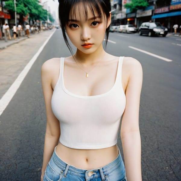 Tags: 21872187, SDXL
{"3": {"inputs": {"seed": 877629850859033, "steps": 64, "cfg": 7.2, "sampler_name": "dpmpp_2m", "scheduler": "karras", "denoise": 1.0, "model": ["27", 0], "positive": ["6", 0], "negative": ["7", 0], "latent_image": ["5", 0]}, "class_type": "KSampler"}, "4": {"inputs": {"ckpt_name": "helloworldxl.safetensors"}, "class_type": "CheckpointLoaderSimple"}, "5": {"inputs": {"width": 1024, "height": 1024, "batch_size": 1}, "class_type": "EmptyLatentImage"}, "6": {"inputs": {"text": "18 year old girl, (chinese:1.07), (pale skin:1.05), (eyelashes:1.04), (idol:1.12), (double eyelids:0.96), (cute:1.05), (sexy lips:0.95), (detailed face:1.05), (seductive facial expression:1.10), (seductive pose:1.06), (temptress:1.06), (beautiful eyes:1.13), (blush:0.99), (slim:1.09), (in a seductive pose:1.02), (large perky breasts:1.00), (cleavage:1.07), (thigh gap:1.05), (white tanktop:1.12), busy street, (portra:1.04), (film:1.01), (detailed skin:1.07), (skin fuzz:1.05), (textured skin:1.05), (candid cinema:1.04), (RAW:1.09), (soft lighting:1.09), (natural looking skin:1.07)", "clip": ["27", 1]}, "class_type": "CLIPTextEncode"}, "7": {"inputs": {"text": "(low resolution:1.06), (bad hands:1.12), (twisted:1.09), (watermark:1.08), (open mouth:1.14), (worst quality:1.10), (distorted:1.14)", "clip": ["27", 1]}, "class_type": "CLIPTextEncode"}, "8": {"inputs": {"samples": ["3", 0], "vae": ["4", 2]}, "class_type": "VAEDecode"}, "25": {"inputs": {"lora_name": "nudify_xl.safetensors", "strength_model": 0.31, "strength_clip": 0.36, "model": ["4", 0], "clip": ["4", 1]}, "class_type": "LoraLoader"}, "26": {"inputs": {"lora_name": "shirtlift_SDXL_v2.safetensors", "strength_model": 0.07, "strength_clip": 0.19, "model": ["25", 0], "clip": ["25", 1]}, "class_type": "LoraLoader"}, "27": {"inputs": {"lora_name": "PerfectEyesXL.safetensors", "strength_model": 0.01, "strength_clip": 0.06, "model": ["26", 0], "clip": ["26", 1]}, "class_type": "LoraLoader"}, "30": {"inputs": {"model_name": "4x_NMKD-Superscale-SP_178000_G.pth"}, "class_type": "UpscaleModelLoader"}, "31": {"inputs": {"upscale_model": ["30", 0], "image": ["8", 0]}, "class_type": "ImageUpscaleWithModel"}, "32": {"inputs": {"upscale_method": "lanczos", "scale_by": 0.5, "image": ["31", 0]}, "class_type": "ImageScaleBy"}, "33": {"inputs": {"pixels": ["32", 0], "vae": ["4", 2]}, "class_type": "VAEEncode"}, "34": {"inputs": {"seed": 877629850859033, "steps": 64, "cfg": 7.2, "sampler_name": "dpmpp_2m", "scheduler": "karras", "denoise": 0.3, "model": ["27", 0], "positive": ["6", 0], "negative": ["7", 0], "latent_image": ["33", 0]}, "class_type": "KSampler"}, "36": {"inputs": {"samples": ["34", 0], "vae": ["4", 2]}, "class_type": "VAEDecode"}, "39": {"inputs": {"filename_prefix": "comfyapi-1713789159733", "images": ["36", 0]}, "class_type": "SaveImage"}}