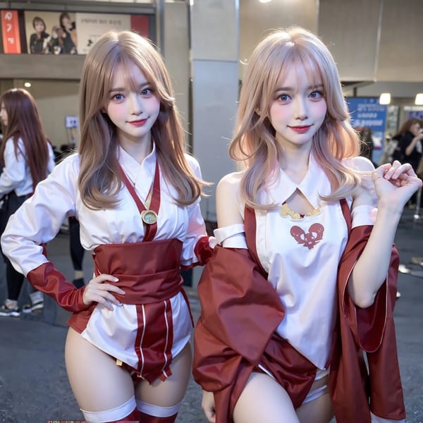 Tags: 21872187
<lora:mix4:0.65>, <lora:JapaneseDollLikeness_v15:0.70>, <lora:YaeMiko_Test:0.65>, (ukrainian:1.00), (cosplay:1.10), cosplay exhibition, comiket, posing for camera, (seductive pose:1.15), extremely detailed eyes, cute, seductive smile, double eyelids, eyelashes, pale skin, perky breasts, textured skin, best quality, hyper realistic, (long slim legs:1.07), (thigh gap:1.19), blush, (stunningly attractive:0.94)
Negative prompt: drawings, paintings, anime, black and white, ugly, (worst quality:2.05)
Steps: 32, Sampler: DPM++ 2M Karras, CFG scale: 5.78, Seed: 3085067477, Size: 768x768, Model hash: fc2511737a, Model: chilloutmix_NiPrunedFp32Fix, Seed resize from: -1x-1, Denoising strength: 0.4, Version: v1.2.1, Hires upscale: 3.0, Hires steps: 16, Hires upscaler: ESRGAN_4x