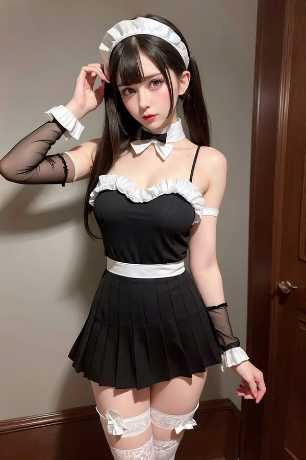 Tags: 21872187
<lora:JapaneseDollLikeness_v15:0.49>, (ukrainian:0.99), maid cafe, stockings, (maid costume:1.19), choker, bowtie, headband, (pleated skirt:1.00), (seductive pose:1.15), extremely detailed eyes, extremely detailed face, (photorealistic:0.96), double eyelids, eyelashes, pale skin, perky breasts, RAW, best quality, tall, (long slim legs:1.08), (thigh gap:1.18), (stunningly attractive:1.05), (dramatic:1.14)
Negative prompt: anime, disfigured, (worst quality:2.09)
Steps: 48, Sampler: DPM++ 2M Karras, CFG scale: 6.84, Seed: 2173275630, Size: 512x768, Model hash: fc2511737a, Model: chilloutmix_NiPrunedFp32Fix, Seed resize from: -1x-1, Denoising strength: 0.3, Version: v1.2.1, Hires upscale: 2.0, Hires steps: 64, Hires upscaler: ESRGAN_4x
