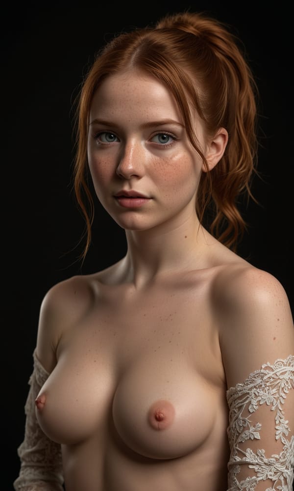 Tags: undefined
(full body photo of topless pale readhead 1girl:1.2),  (Soft breasts with aroused nipples1.1) simple background, brown hair ponytail, swept bangs, lace panties, elegant, beautiful, freckles, realistic, beautiful eyes, dark shadows, night background, dark, chiaroscuro, low-key, slight smile, 
<lora:skin_4:0.2>, <lora:Perfect Hands v2:0.2>,
Negative prompt: pubic hair, bad quality, blurry, ugly, hand, hands, panties, thong

Steps: 24, Sampler: Euler a, CFG scale: 2, Seed: 2104456729, Size: 768x1280, Model hash: c8df560d29, Model: juggernautXL_v9Rdphoto2Lightning, Denoising strength: 0.5, Wildcard prompt: "(full body photo of topless pale readhead 1girl:1.2),  (__breast_size__ breasts with aroused nipples1.1) simple background, brown hair ponytail, swept bangs, __sexy_bottom_attire__, elegant, beautiful, freckles, realistic, beautiful eyes, dark shadows, night background, dark, chiaroscuro, low-key, slight smile, \n<lora:skin_4:0.2>, <lora:Perfect Hands v2:0.2>,", Hires upscale: 1.5, Hires steps: 12, Hires upscaler: R-ESRGAN 4x+, Lora hashes: "skin_4: 0fa3db041a60, Perfect Hands v2: 8448755682f7", Version: v1.8.0