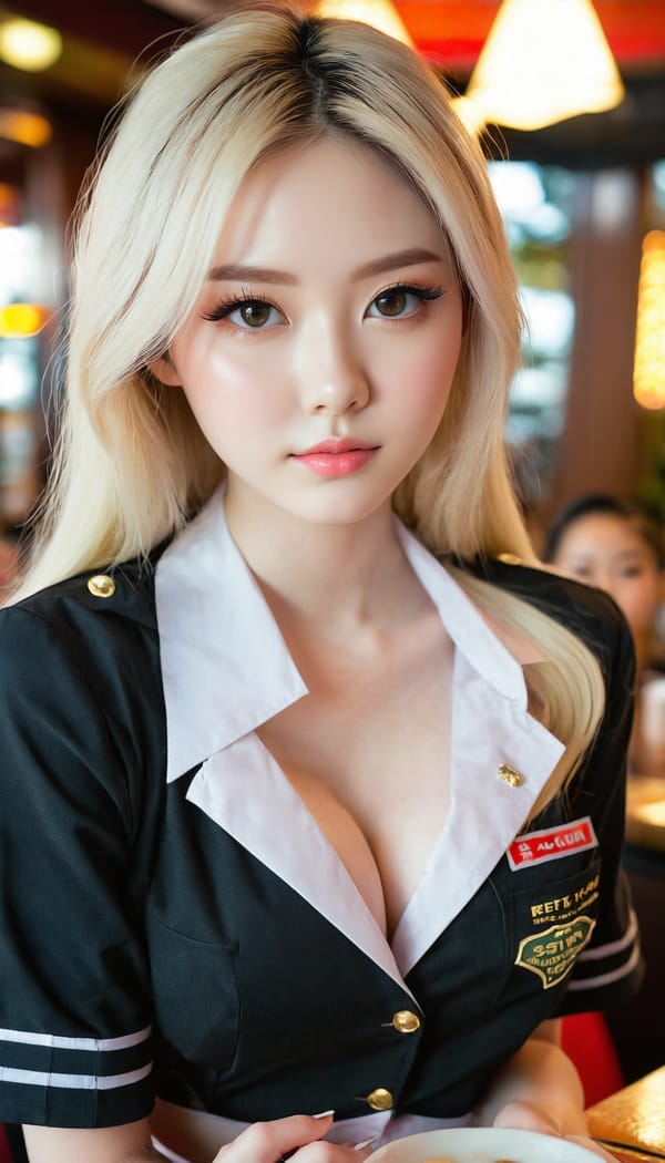 Tags: 21872187, SDXL
{"3": {"inputs": {"seed": 562144132912365, "steps": 64, "cfg": 6.31, "sampler_name": "dpmpp_2m", "scheduler": "karras", "denoise": 1.0, "model": ["27", 0], "positive": ["6", 0], "negative": ["7", 0], "latent_image": ["5", 0]}, "class_type": "KSampler"}, "4": {"inputs": {"ckpt_name": "juggernautxl.safetensors"}, "class_type": "CheckpointLoaderSimple"}, "5": {"inputs": {"width": 768, "height": 1344, "batch_size": 1}, "class_type": "EmptyLatentImage"}, "6": {"inputs": {"text": "21 year old girl, (seductive facial expression:1.11), (sexy lips:0.98), (idol:1.04), (seductive pose:1.13), (double eyelids:1.12), (eyelashes:1.14), (temptress:0.99), (blush:1.12), (beautiful eyes:1.11), (detailed face:1.12), (pale skin:1.09), (slim:1.06), (in a seductive pose:0.98), (large perky breasts:0.96), (cleavage:1.13), (thigh gap:1.01), (a waitress in uniform:1.14) working at a restaurant, (detailed skin:1.09), (soft lighting:1.09), (textured skin:1.00), (natural looking skin:1.02), (RAW:1.05), (film:1.04), (skin fuzz:1.06), (portra:1.09), (candid cinema:1.07)", "clip": ["27", 1]}, "class_type": "CLIPTextEncode"}, "7": {"inputs": {"text": "(twisted:1.06), (bad hands:1.05), (watermark:1.12), (worst quality:1.11), (open mouth:1.08), (distorted:1.07), (low resolution:1.12)", "clip": ["27", 1]}, "class_type": "CLIPTextEncode"}, "8": {"inputs": {"samples": ["3", 0], "vae": ["4", 2]}, "class_type": "VAEDecode"}, "25": {"inputs": {"lora_name": "nudify_xl.safetensors", "strength_model": 0.11, "strength_clip": 0.33, "model": ["4", 0], "clip": ["4", 1]}, "class_type": "LoraLoader"}, "26": {"inputs": {"lora_name": "shirtlift_SDXL_v2.safetensors", "strength_model": 0.04, "strength_clip": 0.12, "model": ["25", 0], "clip": ["25", 1]}, "class_type": "LoraLoader"}, "27": {"inputs": {"lora_name": "PerfectEyesXL.safetensors", "strength_model": 0.07, "strength_clip": 0.06, "model": ["26", 0], "clip": ["26", 1]}, "class_type": "LoraLoader"}, "30": {"inputs": {"model_name": "4x_NMKD-Superscale-SP_178000_G.pth"}, "class_type": "UpscaleModelLoader"}, "31": {"inputs": {"upscale_model": ["30", 0], "image": ["8", 0]}, "class_type": "ImageUpscaleWithModel"}, "32": {"inputs": {"upscale_method": "lanczos", "scale_by": 0.5, "image": ["31", 0]}, "class_type": "ImageScaleBy"}, "33": {"inputs": {"pixels": ["32", 0], "vae": ["4", 2]}, "class_type": "VAEEncode"}, "34": {"inputs": {"seed": 562144132912365, "steps": 64, "cfg": 6.31, "sampler_name": "dpmpp_2m", "scheduler": "karras", "denoise": 0.3, "model": ["27", 0], "positive": ["6", 0], "negative": ["7", 0], "latent_image": ["33", 0]}, "class_type": "KSampler"}, "36": {"inputs": {"samples": ["34", 0], "vae": ["4", 2]}, "class_type": "VAEDecode"}, "39": {"inputs": {"filename_prefix": "comfyapi-1731485237909", "images": ["36", 0]}, "class_type": "SaveImage"}}