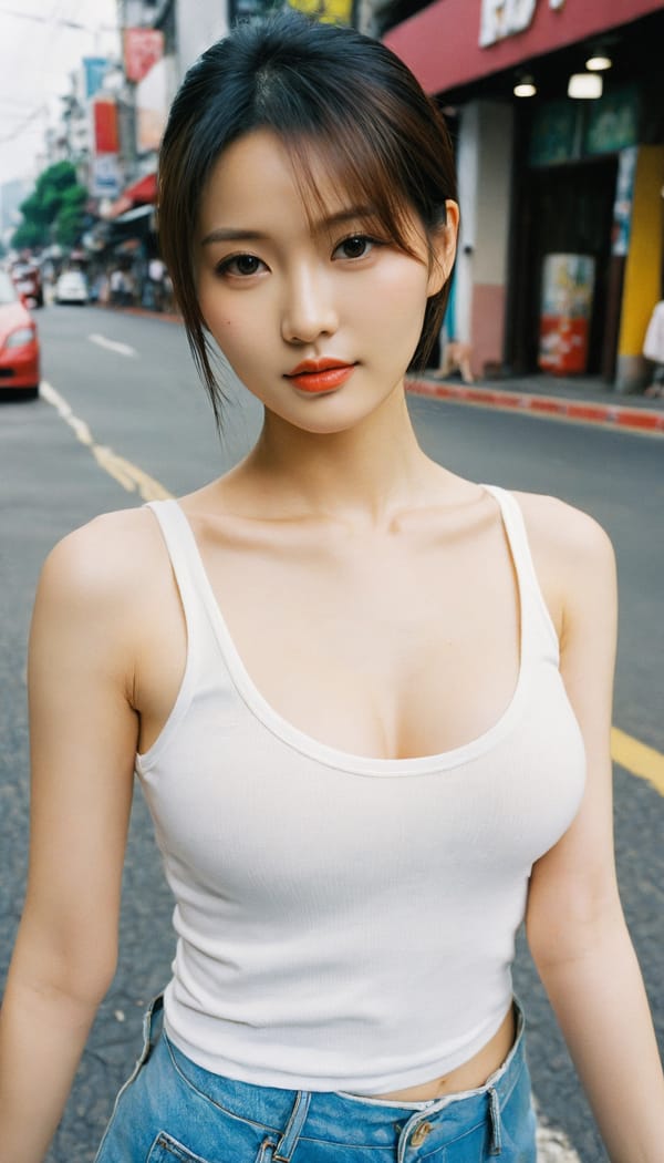 Tags: 21872187, SDXL
{"3": {"inputs": {"seed": 313645678382091, "steps": 32, "cfg": 7.77, "sampler_name": "dpmpp_2m", "scheduler": "karras", "denoise": 1.0, "model": ["27", 0], "positive": ["6", 0], "negative": ["7", 0], "latent_image": ["5", 0]}, "class_type": "KSampler"}, "4": {"inputs": {"ckpt_name": "helloworldxl.safetensors"}, "class_type": "CheckpointLoaderSimple"}, "5": {"inputs": {"width": 768, "height": 1344, "batch_size": 1}, "class_type": "EmptyLatentImage"}, "6": {"inputs": {"text": "28 year old girl, (taiwanese:0.99), (seductive facial expression:1.07), (seductive pose:1.05), (sexy lips:1.09), (slim:1.13), (detailed face:0.95), (pale skin:1.00), (idol:1.00), (eyelashes:1.04), (blush:0.96), (double eyelids:1.07), (beautiful eyes:1.11), (cute:1.14), (temptress:1.13), (in a seductive pose:1.12), (large perky breasts:0.95), (cleavage:1.04), (thigh gap:1.00), (white tanktop:1.14), busy street, (candid cinema:1.00), (film:1.01), (RAW:1.03), (detailed skin:1.04), (portra:1.03), (textured skin:1.08), (soft lighting:1.01), (skin fuzz:1.08), (natural looking skin:1.09)", "clip": ["27", 1]}, "class_type": "CLIPTextEncode"}, "7": {"inputs": {"text": "(open mouth:1.09), (low resolution:1.07), (twisted:1.06), (bad hands:1.07), (watermark:1.07), (distorted:1.12), (worst quality:1.13)", "clip": ["27", 1]}, "class_type": "CLIPTextEncode"}, "8": {"inputs": {"samples": ["3", 0], "vae": ["4", 2]}, "class_type": "VAEDecode"}, "25": {"inputs": {"lora_name": "nudify_xl.safetensors", "strength_model": 0.14, "strength_clip": 0.21, "model": ["4", 0], "clip": ["4", 1]}, "class_type": "LoraLoader"}, "26": {"inputs": {"lora_name": "shirtlift_SDXL_v2.safetensors", "strength_model": 0.12, "strength_clip": 0.02, "model": ["25", 0], "clip": ["25", 1]}, "class_type": "LoraLoader"}, "27": {"inputs": {"lora_name": "PerfectEyesXL.safetensors", "strength_model": 0.15, "strength_clip": 0.16, "model": ["26", 0], "clip": ["26", 1]}, "class_type": "LoraLoader"}, "30": {"inputs": {"model_name": "4x_NMKD-Superscale-SP_178000_G.pth"}, "class_type": "UpscaleModelLoader"}, "31": {"inputs": {"upscale_model": ["30", 0], "image": ["8", 0]}, "class_type": "ImageUpscaleWithModel"}, "32": {"inputs": {"upscale_method": "lanczos", "scale_by": 0.5, "image": ["31", 0]}, "class_type": "ImageScaleBy"}, "33": {"inputs": {"pixels": ["32", 0], "vae": ["4", 2]}, "class_type": "VAEEncode"}, "34": {"inputs": {"seed": 313645678382091, "steps": 32, "cfg": 7.77, "sampler_name": "dpmpp_2m", "scheduler": "karras", "denoise": 0.3, "model": ["27", 0], "positive": ["6", 0], "negative": ["7", 0], "latent_image": ["33", 0]}, "class_type": "KSampler"}, "36": {"inputs": {"samples": ["34", 0], "vae": ["4", 2]}, "class_type": "VAEDecode"}, "39": {"inputs": {"filename_prefix": "comfyapi-1714304895278", "images": ["36", 0]}, "class_type": "SaveImage"}}