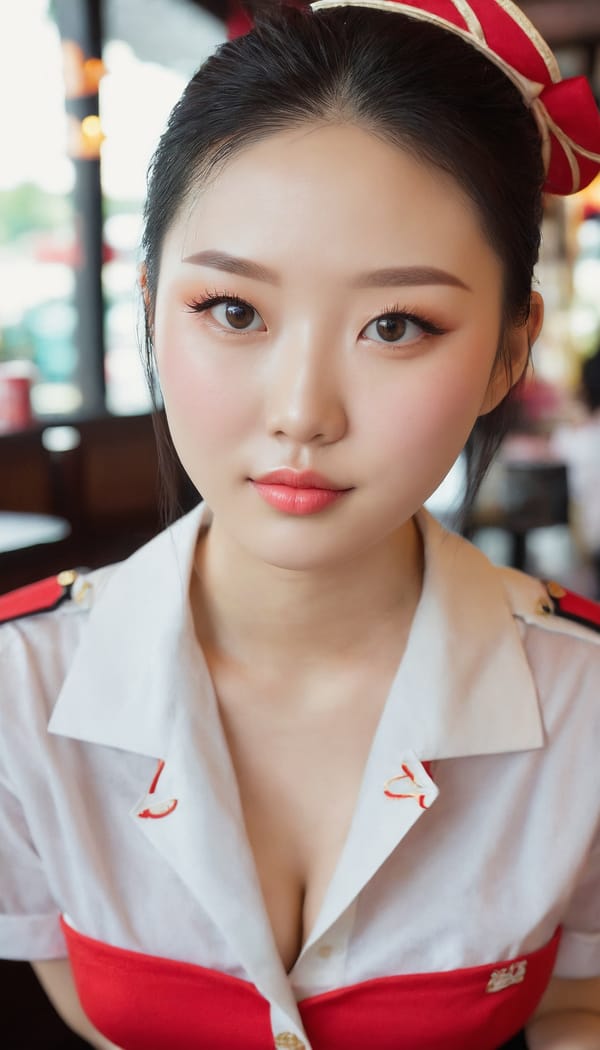 Tags: 21872187, SDXL
{"3": {"inputs": {"seed": 371197380769761, "steps": 32, "cfg": 5.43, "sampler_name": "dpmpp_2m", "scheduler": "karras", "denoise": 1.0, "model": ["27", 0], "positive": ["6", 0], "negative": ["7", 0], "latent_image": ["5", 0]}, "class_type": "KSampler"}, "4": {"inputs": {"ckpt_name": "juggernautxl.safetensors"}, "class_type": "CheckpointLoaderSimple"}, "5": {"inputs": {"width": 768, "height": 1344, "batch_size": 1}, "class_type": "EmptyLatentImage"}, "6": {"inputs": {"text": "24 year old girl, (chinese:0.95), (detailed face:0.96), (pale skin:1.05), (sexy lips:1.13), (seductive facial expression:1.06), (double eyelids:1.03), (slim:1.01), (blush:1.09), (temptress:1.01), (eyelashes:1.07), (seductive pose:1.03), (cute:1.00), (beautiful eyes:1.03), (idol:1.03), (in a seductive pose:1.09), (large perky breasts:0.97), (cleavage:0.96), (thigh gap:0.96), (a waitress in uniform:1.05) working at a restaurant, (RAW:1.06), (candid cinema:1.05), (film:1.02), (skin fuzz:1.03), (textured skin:1.05), (soft lighting:1.05), (detailed skin:1.09), (portra:1.02), (natural looking skin:1.08)", "clip": ["27", 1]}, "class_type": "CLIPTextEncode"}, "7": {"inputs": {"text": "(low resolution:1.12), (twisted:1.08), (open mouth:1.11), (watermark:1.14), (distorted:1.12), (worst quality:1.06), (bad hands:1.07)", "clip": ["27", 1]}, "class_type": "CLIPTextEncode"}, "8": {"inputs": {"samples": ["3", 0], "vae": ["4", 2]}, "class_type": "VAEDecode"}, "25": {"inputs": {"lora_name": "nudify_xl.safetensors", "strength_model": 0.01, "strength_clip": 0.34, "model": ["4", 0], "clip": ["4", 1]}, "class_type": "LoraLoader"}, "26": {"inputs": {"lora_name": "shirtlift_SDXL_v2.safetensors", "strength_model": 0.19, "strength_clip": 0.07, "model": ["25", 0], "clip": ["25", 1]}, "class_type": "LoraLoader"}, "27": {"inputs": {"lora_name": "PerfectEyesXL.safetensors", "strength_model": 0.02, "strength_clip": 0.13, "model": ["26", 0], "clip": ["26", 1]}, "class_type": "LoraLoader"}, "30": {"inputs": {"model_name": "4x_NMKD-Superscale-SP_178000_G.pth"}, "class_type": "UpscaleModelLoader"}, "31": {"inputs": {"upscale_model": ["30", 0], "image": ["8", 0]}, "class_type": "ImageUpscaleWithModel"}, "32": {"inputs": {"upscale_method": "lanczos", "scale_by": 0.5, "image": ["31", 0]}, "class_type": "ImageScaleBy"}, "33": {"inputs": {"pixels": ["32", 0], "vae": ["4", 2]}, "class_type": "VAEEncode"}, "34": {"inputs": {"seed": 371197380769761, "steps": 32, "cfg": 5.43, "sampler_name": "dpmpp_2m", "scheduler": "karras", "denoise": 0.3, "model": ["27", 0], "positive": ["6", 0], "negative": ["7", 0], "latent_image": ["33", 0]}, "class_type": "KSampler"}, "36": {"inputs": {"samples": ["34", 0], "vae": ["4", 2]}, "class_type": "VAEDecode"}, "39": {"inputs": {"filename_prefix": "comfyapi-1731439699704", "images": ["36", 0]}, "class_type": "SaveImage"}}