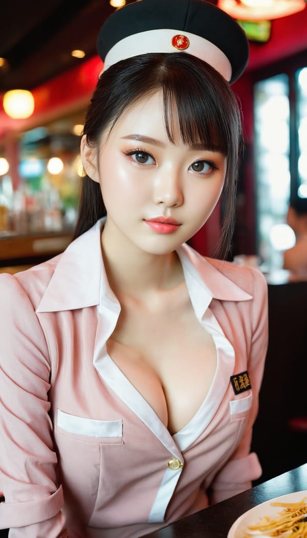 Tags: 21872187, SDXL
{"3": {"inputs": {"seed": 620604451700664, "steps": 64, "cfg": 6.96, "sampler_name": "dpmpp_2m", "scheduler": "karras", "denoise": 1.0, "model": ["27", 0], "positive": ["6", 0], "negative": ["7", 0], "latent_image": ["5", 0]}, "class_type": "KSampler"}, "4": {"inputs": {"ckpt_name": "juggernautxl.safetensors"}, "class_type": "CheckpointLoaderSimple"}, "5": {"inputs": {"width": 768, "height": 1344, "batch_size": 1}, "class_type": "EmptyLatentImage"}, "6": {"inputs": {"text": "18 year old girl, (chinese:1.00), (ukrainian:0.98), (slim:0.97), (pale skin:1.09), (idol:0.97), (double eyelids:1.07), (beautiful eyes:1.13), (temptress:1.12), (cute:1.08), (eyelashes:1.02), (detailed face:1.10), (blush:1.10), (seductive facial expression:1.01), (sexy lips:1.12), (seductive pose:1.09), (in a seductive pose:1.12), (large perky breasts:1.05), (cleavage:1.07), (thigh gap:1.07), (a waitress in uniform:1.09) working at a restaurant, (soft lighting:1.09), (candid cinema:1.03), (detailed skin:1.07), (film:1.01), (RAW:1.03), (skin fuzz:1.00), (textured skin:1.04), (natural looking skin:1.06), (portra:1.02)", "clip": ["27", 1]}, "class_type": "CLIPTextEncode"}, "7": {"inputs": {"text": "(watermark:1.12), (low resolution:1.09), (twisted:1.12), (open mouth:1.08), (bad hands:1.06), (distorted:1.13)", "clip": ["27", 1]}, "class_type": "CLIPTextEncode"}, "8": {"inputs": {"samples": ["3", 0], "vae": ["4", 2]}, "class_type": "VAEDecode"}, "25": {"inputs": {"lora_name": "nudify_xl.safetensors", "strength_model": 0.05, "strength_clip": 0.1, "model": ["4", 0], "clip": ["4", 1]}, "class_type": "LoraLoader"}, "26": {"inputs": {"lora_name": "shirtlift_SDXL_v2.safetensors", "strength_model": 0.17, "strength_clip": 0.13, "model": ["25", 0], "clip": ["25", 1]}, "class_type": "LoraLoader"}, "27": {"inputs": {"lora_name": "PerfectEyesXL.safetensors", "strength_model": 0.05, "strength_clip": 0.19, "model": ["26", 0], "clip": ["26", 1]}, "class_type": "LoraLoader"}, "30": {"inputs": {"model_name": "4x_NMKD-Superscale-SP_178000_G.pth"}, "class_type": "UpscaleModelLoader"}, "31": {"inputs": {"upscale_model": ["30", 0], "image": ["8", 0]}, "class_type": "ImageUpscaleWithModel"}, "32": {"inputs": {"upscale_method": "lanczos", "scale_by": 0.5, "image": ["31", 0]}, "class_type": "ImageScaleBy"}, "33": {"inputs": {"pixels": ["32", 0], "vae": ["4", 2]}, "class_type": "VAEEncode"}, "34": {"inputs": {"seed": 620604451700664, "steps": 64, "cfg": 6.96, "sampler_name": "dpmpp_2m", "scheduler": "karras", "denoise": 0.3, "model": ["27", 0], "positive": ["6", 0], "negative": ["7", 0], "latent_image": ["33", 0]}, "class_type": "KSampler"}, "36": {"inputs": {"samples": ["34", 0], "vae": ["4", 2]}, "class_type": "VAEDecode"}, "39": {"inputs": {"filename_prefix": "comfyapi-1714093262429", "images": ["36", 0]}, "class_type": "SaveImage"}}