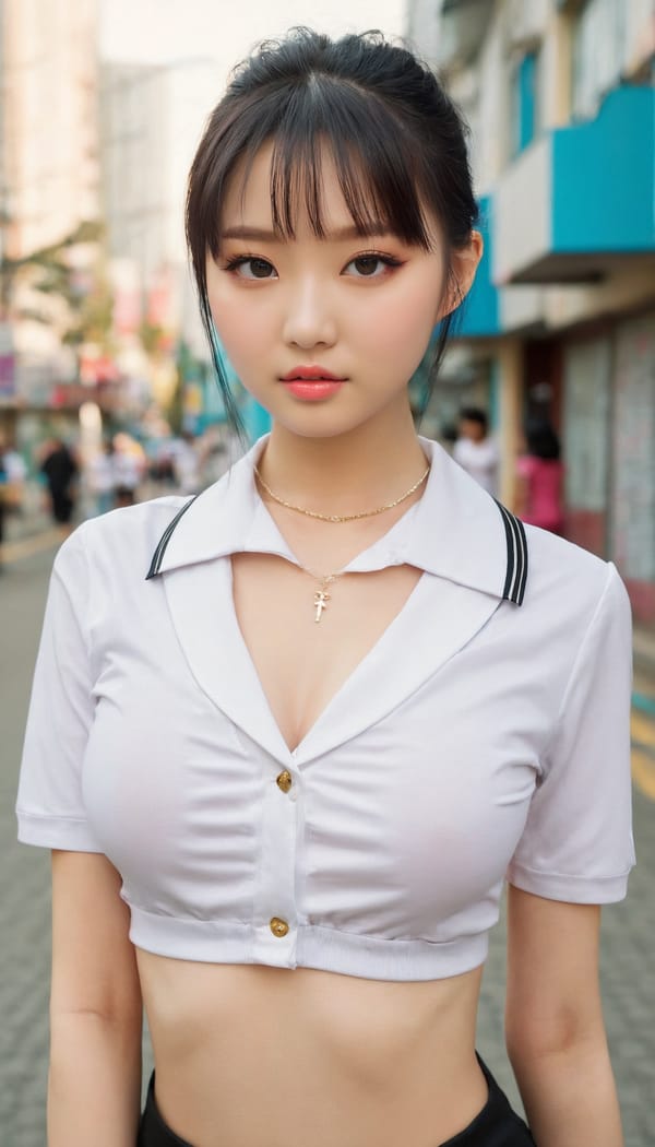 Tags: 21872187, SDXL
{"3": {"inputs": {"seed": 997130801194675, "steps": 32, "cfg": 5.18, "sampler_name": "dpmpp_2m", "scheduler": "karras", "denoise": 1.0, "model": ["27", 0], "positive": ["6", 0], "negative": ["7", 0], "latent_image": ["5", 0]}, "class_type": "KSampler"}, "4": {"inputs": {"ckpt_name": "juggernautxl.safetensors"}, "class_type": "CheckpointLoaderSimple"}, "5": {"inputs": {"width": 768, "height": 1344, "batch_size": 1}, "class_type": "EmptyLatentImage"}, "6": {"inputs": {"text": "21 year old girl, (ukrainian:1.13), (taiwanese:0.99), (idol:1.05), (pale skin:0.98), (temptress:1.12), (seductive facial expression:1.06), (double eyelids:1.00), (slim:1.05), (cute:1.03), (sexy lips:1.05), (detailed face:1.13), (seductive pose:0.95), (eyelashes:0.96), (blush:1.14), (beautiful eyes:1.05), (in a seductive pose:0.96), (large perky breasts:0.95), (cleavage:1.05), (thigh gap:0.96), (school uniform:1.08), choker, busy street, (film:1.01), (detailed skin:1.03), (skin fuzz:1.00), (candid cinema:1.04), (natural looking skin:1.05), (portra:1.06), (textured skin:1.04), (RAW:1.01), (soft lighting:1.09)", "clip": ["27", 1]}, "class_type": "CLIPTextEncode"}, "7": {"inputs": {"text": "(watermark:1.10), (low resolution:1.08), (worst quality:1.12), (bad hands:1.11), (distorted:1.09), (open mouth:1.14), (twisted:1.05)", "clip": ["27", 1]}, "class_type": "CLIPTextEncode"}, "8": {"inputs": {"samples": ["3", 0], "vae": ["4", 2]}, "class_type": "VAEDecode"}, "25": {"inputs": {"lora_name": "nudify_xl.safetensors", "strength_model": 0.2, "strength_clip": 0.1, "model": ["4", 0], "clip": ["4", 1]}, "class_type": "LoraLoader"}, "26": {"inputs": {"lora_name": "shirtlift_SDXL_v2.safetensors", "strength_model": 0.19, "strength_clip": 0.19, "model": ["25", 0], "clip": ["25", 1]}, "class_type": "LoraLoader"}, "27": {"inputs": {"lora_name": "PerfectEyesXL.safetensors", "strength_model": 0.13, "strength_clip": 0.08, "model": ["26", 0], "clip": ["26", 1]}, "class_type": "LoraLoader"}, "30": {"inputs": {"model_name": "4x_NMKD-Superscale-SP_178000_G.pth"}, "class_type": "UpscaleModelLoader"}, "31": {"inputs": {"upscale_model": ["30", 0], "image": ["8", 0]}, "class_type": "ImageUpscaleWithModel"}, "32": {"inputs": {"upscale_method": "lanczos", "scale_by": 0.5, "image": ["31", 0]}, "class_type": "ImageScaleBy"}, "33": {"inputs": {"pixels": ["32", 0], "vae": ["4", 2]}, "class_type": "VAEEncode"}, "34": {"inputs": {"seed": 997130801194675, "steps": 32, "cfg": 5.18, "sampler_name": "dpmpp_2m", "scheduler": "karras", "denoise": 0.3, "model": ["27", 0], "positive": ["6", 0], "negative": ["7", 0], "latent_image": ["33", 0]}, "class_type": "KSampler"}, "36": {"inputs": {"samples": ["34", 0], "vae": ["4", 2]}, "class_type": "VAEDecode"}, "39": {"inputs": {"filename_prefix": "comfyapi-1713716544865", "images": ["36", 0]}, "class_type": "SaveImage"}}