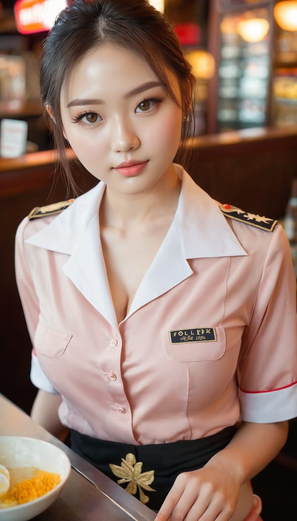 Tags: 21872187, SDXL
{"3": {"inputs": {"seed": 960995678908011, "steps": 32, "cfg": 6.43, "sampler_name": "dpmpp_2m", "scheduler": "karras", "denoise": 1.0, "model": ["27", 0], "positive": ["6", 0], "negative": ["7", 0], "latent_image": ["5", 0]}, "class_type": "KSampler"}, "4": {"inputs": {"ckpt_name": "juggernautxl.safetensors"}, "class_type": "CheckpointLoaderSimple"}, "5": {"inputs": {"width": 768, "height": 1344, "batch_size": 1}, "class_type": "EmptyLatentImage"}, "6": {"inputs": {"text": "23 year old girl, (detailed face:1.13), (sexy lips:0.99), (slim:1.01), (seductive facial expression:0.99), (double eyelids:1.13), (temptress:1.00), (cute:1.10), (idol:1.10), (eyelashes:1.05), (beautiful eyes:1.10), (blush:1.08), (pale skin:0.95), (in a seductive pose:1.04), (large perky breasts:1.03), (cleavage:1.12), (thigh gap:1.14), (a waitress in uniform:1.00) working at a restaurant, (film:1.04), (textured skin:1.01), (portra:1.09), (skin fuzz:1.06), (RAW:1.07), (natural looking skin:1.05), (candid cinema:1.05), (detailed skin:1.02), (soft lighting:1.02)", "clip": ["27", 1]}, "class_type": "CLIPTextEncode"}, "7": {"inputs": {"text": "(twisted:1.12), (distorted:1.13), (worst quality:1.11), (low resolution:1.06), (open mouth:1.11), (watermark:1.10), (bad hands:1.07)", "clip": ["27", 1]}, "class_type": "CLIPTextEncode"}, "8": {"inputs": {"samples": ["3", 0], "vae": ["4", 2]}, "class_type": "VAEDecode"}, "25": {"inputs": {"lora_name": "nudify_xl.safetensors", "strength_model": 0.13, "strength_clip": 0.34, "model": ["4", 0], "clip": ["4", 1]}, "class_type": "LoraLoader"}, "26": {"inputs": {"lora_name": "shirtlift_SDXL_v2.safetensors", "strength_model": 0.03, "strength_clip": 0.07, "model": ["25", 0], "clip": ["25", 1]}, "class_type": "LoraLoader"}, "27": {"inputs": {"lora_name": "PerfectEyesXL.safetensors", "strength_model": 0.03, "strength_clip": 0.15, "model": ["26", 0], "clip": ["26", 1]}, "class_type": "LoraLoader"}, "30": {"inputs": {"model_name": "4x_NMKD-Superscale-SP_178000_G.pth"}, "class_type": "UpscaleModelLoader"}, "31": {"inputs": {"upscale_model": ["30", 0], "image": ["8", 0]}, "class_type": "ImageUpscaleWithModel"}, "32": {"inputs": {"upscale_method": "lanczos", "scale_by": 0.5, "image": ["31", 0]}, "class_type": "ImageScaleBy"}, "33": {"inputs": {"pixels": ["32", 0], "vae": ["4", 2]}, "class_type": "VAEEncode"}, "34": {"inputs": {"seed": 960995678908011, "steps": 32, "cfg": 6.43, "sampler_name": "dpmpp_2m", "scheduler": "karras", "denoise": 0.3, "model": ["27", 0], "positive": ["6", 0], "negative": ["7", 0], "latent_image": ["33", 0]}, "class_type": "KSampler"}, "36": {"inputs": {"samples": ["34", 0], "vae": ["4", 2]}, "class_type": "VAEDecode"}, "39": {"inputs": {"filename_prefix": "comfyapi-1714280688105", "images": ["36", 0]}, "class_type": "SaveImage"}}