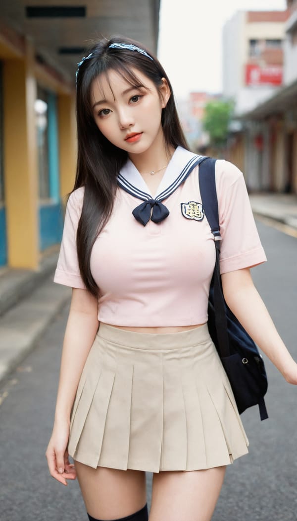 Tags: 21872187, SDXL
{"3": {"inputs": {"seed": 186875807914532, "steps": 64, "cfg": 5.11, "sampler_name": "dpmpp_2m", "scheduler": "karras", "denoise": 1.0, "model": ["27", 0], "positive": ["6", 0], "negative": ["7", 0], "latent_image": ["5", 0]}, "class_type": "KSampler"}, "4": {"inputs": {"ckpt_name": "leosamsHelloworldSDXL_helloworldSDXL32DPO.safetensors"}, "class_type": "CheckpointLoaderSimple"}, "5": {"inputs": {"width": 768, "height": 1344, "batch_size": 1}, "class_type": "EmptyLatentImage"}, "6": {"inputs": {"text": "18 year old girl, (chinese:1.06), (irish:1.02), (korean:1.07), (blush:0.96), (detailed face:1.11), (beautiful eyes:1.14), (slim:1.03), (double eyelids:1.05), (temptress:1.06), (cute:0.95), (seductive pose:1.03), (sexy lips:1.01), (idol:1.13), (eyelashes:1.04), (pale skin:1.11), (seductive facial expression:0.97), (in a seductive pose:1.06), (large perky breasts:0.99), (cleavage:1.13), (thigh gap:1.06), (school uniform:1.13), choker, busy street, (natural looking skin:1.02), (textured skin:1.02), (film:1.03), (candid cinema:1.00), (portra:1.02), (RAW:1.03), (soft lighting:1.00), (skin fuzz:1.00), (detailed skin:1.04)", "clip": ["27", 1]}, "class_type": "CLIPTextEncode"}, "7": {"inputs": {"text": "(watermark:1.07), (low resolution:1.11), (distorted:1.12), (worst quality:1.05), (open mouth:1.10), (bad hands:1.10), (twisted:1.13)", "clip": ["27", 1]}, "class_type": "CLIPTextEncode"}, "8": {"inputs": {"samples": ["3", 0], "vae": ["4", 2]}, "class_type": "VAEDecode"}, "25": {"inputs": {"lora_name": "nudify_xl.safetensors", "strength_model": 0.39, "strength_clip": 0.11, "model": ["4", 0], "clip": ["4", 1]}, "class_type": "LoraLoader"}, "26": {"inputs": {"lora_name": "shirtlift_SDXL_v2.safetensors", "strength_model": 0.14, "strength_clip": 0.09, "model": ["25", 0], "clip": ["25", 1]}, "class_type": "LoraLoader"}, "27": {"inputs": {"lora_name": "PerfectEyesXL.safetensors", "strength_model": 0.0, "strength_clip": 0.08, "model": ["26", 0], "clip": ["26", 1]}, "class_type": "LoraLoader"}, "30": {"inputs": {"model_name": "4x_NMKD-Superscale-SP_178000_G.pth"}, "class_type": "UpscaleModelLoader"}, "31": {"inputs": {"upscale_model": ["30", 0], "image": ["8", 0]}, "class_type": "ImageUpscaleWithModel"}, "32": {"inputs": {"upscale_method": "lanczos", "scale_by": 0.5, "image": ["31", 0]}, "class_type": "ImageScaleBy"}, "33": {"inputs": {"pixels": ["32", 0], "vae": ["4", 2]}, "class_type": "VAEEncode"}, "34": {"inputs": {"seed": 186875807914532, "steps": 64, "cfg": 5.11, "sampler_name": "dpmpp_2m", "scheduler": "karras", "denoise": 0.3, "model": ["27", 0], "positive": ["6", 0], "negative": ["7", 0], "latent_image": ["33", 0]}, "class_type": "KSampler"}, "36": {"inputs": {"samples": ["34", 0], "vae": ["4", 2]}, "class_type": "VAEDecode"}, "39": {"inputs": {"filename_prefix": "comfyapi-1707957332571", "images": ["36", 0]}, "class_type": "SaveImage"}}