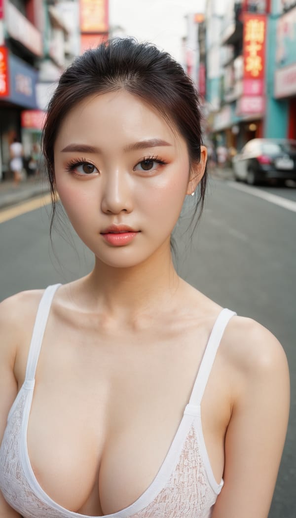 Tags: 21872187, SDXL
{"3": {"inputs": {"seed": 862979949586043, "steps": 64, "cfg": 6.56, "sampler_name": "dpmpp_2m", "scheduler": "karras", "denoise": 1.0, "model": ["27", 0], "positive": ["6", 0], "negative": ["7", 0], "latent_image": ["5", 0]}, "class_type": "KSampler"}, "4": {"inputs": {"ckpt_name": "juggernautxl.safetensors"}, "class_type": "CheckpointLoaderSimple"}, "5": {"inputs": {"width": 768, "height": 1344, "batch_size": 1}, "class_type": "EmptyLatentImage"}, "6": {"inputs": {"text": "26 year old girl, (korean:0.96), (irish:1.01), (eyelashes:0.99), (seductive facial expression:1.12), (seductive pose:0.97), (double eyelids:1.07), (idol:1.12), (slim:1.02), (sexy lips:1.03), (pale skin:1.02), (beautiful eyes:1.10), (cute:1.09), (blush:0.98), (detailed face:0.99), (in a seductive pose:1.05), (large perky breasts:1.00), (cleavage:1.07), (thigh gap:0.99), (white tanktop:1.04), busy street, (detailed skin:1.00), (candid cinema:1.03), (RAW:1.00), (portra:1.03), (skin fuzz:1.09), (film:1.08), (soft lighting:1.05), (textured skin:1.00), (natural looking skin:1.06)", "clip": ["27", 1]}, "class_type": "CLIPTextEncode"}, "7": {"inputs": {"text": "(watermark:1.06), (worst quality:1.08), (bad hands:1.11), (low resolution:1.05), (open mouth:1.08), (twisted:1.12), (distorted:1.09)", "clip": ["27", 1]}, "class_type": "CLIPTextEncode"}, "8": {"inputs": {"samples": ["3", 0], "vae": ["4", 2]}, "class_type": "VAEDecode"}, "25": {"inputs": {"lora_name": "nudify_xl.safetensors", "strength_model": 0.01, "strength_clip": 0.3, "model": ["4", 0], "clip": ["4", 1]}, "class_type": "LoraLoader"}, "26": {"inputs": {"lora_name": "shirtlift_SDXL_v2.safetensors", "strength_model": 0.03, "strength_clip": 0.08, "model": ["25", 0], "clip": ["25", 1]}, "class_type": "LoraLoader"}, "27": {"inputs": {"lora_name": "PerfectEyesXL.safetensors", "strength_model": 0.05, "strength_clip": 0.17, "model": ["26", 0], "clip": ["26", 1]}, "class_type": "LoraLoader"}, "30": {"inputs": {"model_name": "4x_NMKD-Superscale-SP_178000_G.pth"}, "class_type": "UpscaleModelLoader"}, "31": {"inputs": {"upscale_model": ["30", 0], "image": ["8", 0]}, "class_type": "ImageUpscaleWithModel"}, "32": {"inputs": {"upscale_method": "lanczos", "scale_by": 0.5, "image": ["31", 0]}, "class_type": "ImageScaleBy"}, "33": {"inputs": {"pixels": ["32", 0], "vae": ["4", 2]}, "class_type": "VAEEncode"}, "34": {"inputs": {"seed": 862979949586043, "steps": 64, "cfg": 6.56, "sampler_name": "dpmpp_2m", "scheduler": "karras", "denoise": 0.3, "model": ["27", 0], "positive": ["6", 0], "negative": ["7", 0], "latent_image": ["33", 0]}, "class_type": "KSampler"}, "36": {"inputs": {"samples": ["34", 0], "vae": ["4", 2]}, "class_type": "VAEDecode"}, "39": {"inputs": {"filename_prefix": "comfyapi-1731759170391", "images": ["36", 0]}, "class_type": "SaveImage"}}