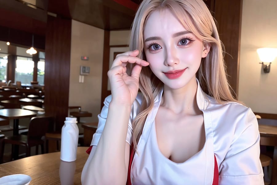 Tags: 21872187
<lora:mix4:0.58>, <lora:koreanDollLikeness:0.41>, <lora:YaeMiko_Test:0.63>, (waitress wearing uniform:1.04), restaurant, (seductive pose:0.91), extremely detailed eyes, extremely detailed face, cute, (photorealistic:0.97), sexy lips, seductive smile, eyelashes, pale skin, perky breasts, 4K, sharp
Negative prompt: drawings, sketches, paintings, anime, black and white, ugly, disfigured, (normal quality:1.97), (worst quality:2.10)
Steps: 32, Sampler: DPM++ 2M Karras, CFG scale: 6.06, Seed: 664698308, Size: 768x512, Model hash: fc2511737a, Model: chilloutmix_NiPrunedFp32Fix, Seed resize from: -1x-1, Denoising strength: 0.4, Version: v1.2.1, Hires upscale: 3.5, Hires steps: 16, Hires upscaler: ESRGAN_4x
