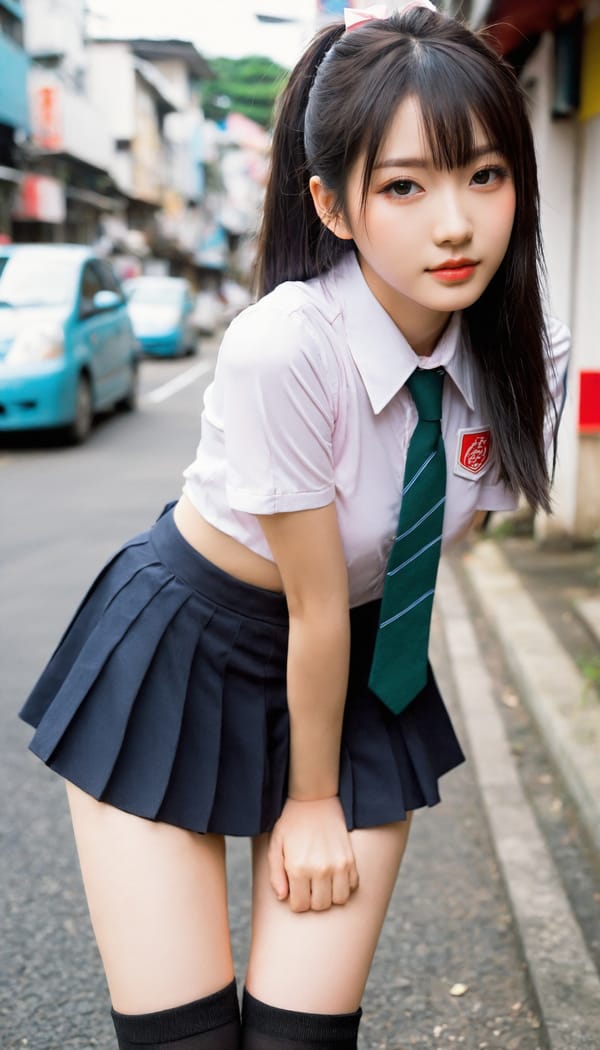 Tags: 21872187, SDXL
{"3": {"inputs": {"seed": 328711593655071, "steps": 32, "cfg": 7.04, "sampler_name": "dpmpp_2m", "scheduler": "karras", "denoise": 1.0, "model": ["27", 0], "positive": ["6", 0], "negative": ["7", 0], "latent_image": ["5", 0]}, "class_type": "KSampler"}, "4": {"inputs": {"ckpt_name": "helloworldxl.safetensors"}, "class_type": "CheckpointLoaderSimple"}, "5": {"inputs": {"width": 768, "height": 1344, "batch_size": 1}, "class_type": "EmptyLatentImage"}, "6": {"inputs": {"text": "22 year old girl, (taiwanese:0.96), (japanese:1.12), (detailed face:1.11), (idol:1.08), (blush:1.09), (beautiful eyes:1.06), (seductive pose:0.95), (seductive facial expression:0.99), (temptress:1.08), (slim:0.96), (pale skin:0.97), (eyelashes:1.13), (cute:1.02), (sexy lips:1.10), (double eyelids:1.02), (perky ass:1.11), (exposed ass:1.02), (looking back:0.95), (sexy ass:1.03), (thigh gap:1.02), (school uniform:1.06), choker, busy street, (textured skin:1.03), (soft lighting:1.02), (detailed skin:1.09), (skin fuzz:1.09), (RAW:1.02), (candid cinema:1.09), (natural looking skin:1.07), (film:1.06), (portra:1.02)", "clip": ["27", 1]}, "class_type": "CLIPTextEncode"}, "7": {"inputs": {"text": "(watermark:1.07), (distorted:1.14), (low resolution:1.10), (bad hands:1.13), (open mouth:1.07), (worst quality:1.08), (twisted:1.13)", "clip": ["27", 1]}, "class_type": "CLIPTextEncode"}, "8": {"inputs": {"samples": ["3", 0], "vae": ["4", 2]}, "class_type": "VAEDecode"}, "25": {"inputs": {"lora_name": "nudify_xl.safetensors", "strength_model": 0.37, "strength_clip": 0.11, "model": ["4", 0], "clip": ["4", 1]}, "class_type": "LoraLoader"}, "26": {"inputs": {"lora_name": "shirtlift_SDXL_v2.safetensors", "strength_model": 0.07, "strength_clip": 0.14, "model": ["25", 0], "clip": ["25", 1]}, "class_type": "LoraLoader"}, "27": {"inputs": {"lora_name": "PerfectEyesXL.safetensors", "strength_model": 0.08, "strength_clip": 0.15, "model": ["26", 0], "clip": ["26", 1]}, "class_type": "LoraLoader"}, "30": {"inputs": {"model_name": "4x_NMKD-Superscale-SP_178000_G.pth"}, "class_type": "UpscaleModelLoader"}, "31": {"inputs": {"upscale_model": ["30", 0], "image": ["8", 0]}, "class_type": "ImageUpscaleWithModel"}, "32": {"inputs": {"upscale_method": "lanczos", "scale_by": 0.5, "image": ["31", 0]}, "class_type": "ImageScaleBy"}, "33": {"inputs": {"pixels": ["32", 0], "vae": ["4", 2]}, "class_type": "VAEEncode"}, "34": {"inputs": {"seed": 328711593655071, "steps": 32, "cfg": 7.04, "sampler_name": "dpmpp_2m", "scheduler": "karras", "denoise": 0.3, "model": ["27", 0], "positive": ["6", 0], "negative": ["7", 0], "latent_image": ["33", 0]}, "class_type": "KSampler"}, "36": {"inputs": {"samples": ["34", 0], "vae": ["4", 2]}, "class_type": "VAEDecode"}, "39": {"inputs": {"filename_prefix": "comfyapi-1716721076792", "images": ["36", 0]}, "class_type": "SaveImage"}}