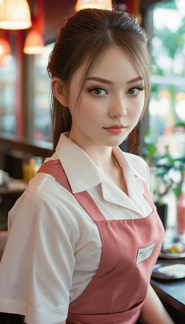 Tags: 21872187, SDXL
{"3": {"inputs": {"seed": 884412119142422, "steps": 32, "cfg": 5.56, "sampler_name": "dpmpp_2m", "scheduler": "karras", "denoise": 1.0, "model": ["27", 0], "positive": ["6", 0], "negative": ["7", 0], "latent_image": ["5", 0]}, "class_type": "KSampler"}, "4": {"inputs": {"ckpt_name": "juggernautxl.safetensors"}, "class_type": "CheckpointLoaderSimple"}, "5": {"inputs": {"width": 768, "height": 1344, "batch_size": 1}, "class_type": "EmptyLatentImage"}, "6": {"inputs": {"text": "22 year old girl, (seductive facial expression:1.02), (temptress:1.00), (seductive pose:0.96), (slim:1.01), (idol:0.97), (pale skin:1.05), (blush:1.01), (beautiful eyes:0.97), (cute:0.98), (eyelashes:1.14), (sexy lips:1.09), (double eyelids:1.13), (perky ass:1.05), (exposed ass:0.98), (looking back:0.96), (sexy ass:0.97), (thigh gap:1.10), (a waitress in uniform:1.13) working at a restaurant, (soft lighting:1.03), (detailed skin:1.08), (candid cinema:1.05), (film:1.01), (RAW:1.03), (skin fuzz:1.07), (textured skin:1.09), (natural looking skin:1.03), (portra:1.07)", "clip": ["27", 1]}, "class_type": "CLIPTextEncode"}, "7": {"inputs": {"text": "(watermark:1.14), (low resolution:1.08), (bad hands:1.08), (distorted:1.12), (twisted:1.13), (open mouth:1.14), (worst quality:1.05)", "clip": ["27", 1]}, "class_type": "CLIPTextEncode"}, "8": {"inputs": {"samples": ["3", 0], "vae": ["4", 2]}, "class_type": "VAEDecode"}, "25": {"inputs": {"lora_name": "nudify_xl.safetensors", "strength_model": 0.21, "strength_clip": 0.01, "model": ["4", 0], "clip": ["4", 1]}, "class_type": "LoraLoader"}, "26": {"inputs": {"lora_name": "shirtlift_SDXL_v2.safetensors", "strength_model": 0.04, "strength_clip": 0.0, "model": ["25", 0], "clip": ["25", 1]}, "class_type": "LoraLoader"}, "27": {"inputs": {"lora_name": "PerfectEyesXL.safetensors", "strength_model": 0.06, "strength_clip": 0.0, "model": ["26", 0], "clip": ["26", 1]}, "class_type": "LoraLoader"}, "30": {"inputs": {"model_name": "4x_NMKD-Superscale-SP_178000_G.pth"}, "class_type": "UpscaleModelLoader"}, "31": {"inputs": {"upscale_model": ["30", 0], "image": ["8", 0]}, "class_type": "ImageUpscaleWithModel"}, "32": {"inputs": {"upscale_method": "lanczos", "scale_by": 0.5, "image": ["31", 0]}, "class_type": "ImageScaleBy"}, "33": {"inputs": {"pixels": ["32", 0], "vae": ["4", 2]}, "class_type": "VAEEncode"}, "34": {"inputs": {"seed": 884412119142422, "steps": 32, "cfg": 5.56, "sampler_name": "dpmpp_2m", "scheduler": "karras", "denoise": 0.3, "model": ["27", 0], "positive": ["6", 0], "negative": ["7", 0], "latent_image": ["33", 0]}, "class_type": "KSampler"}, "36": {"inputs": {"samples": ["34", 0], "vae": ["4", 2]}, "class_type": "VAEDecode"}, "39": {"inputs": {"filename_prefix": "comfyapi-1728374653878", "images": ["36", 0]}, "class_type": "SaveImage"}}