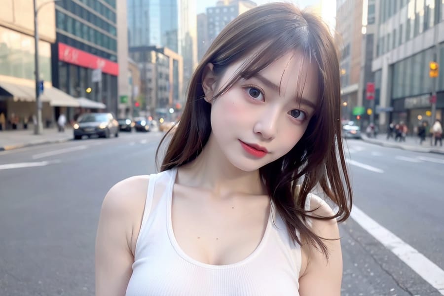 Tags: 21872187
<lora:mix4:0.63>, <lora:JapaneseDollLikeness_v15:0.61>, (russian:1.01), (ukrainian:1.06), (white tank top:0.93), (large breasts:1.16), busy street in urban city, (seductive pose:0.99), extremely detailed eyes, extremely detailed face, cute, (photorealistic:0.98), eyelashes, pale skin, perky breasts, sharp, hyper realistic, blush, 1girl
Negative prompt: sketches, anime, fat, (worst quality:2.11)
Steps: 64, Sampler: DPM++ 2M Karras, CFG scale: 7.15, Seed: 4160955353, Size: 768x512, Model hash: fc2511737a, Model: chilloutmix_NiPrunedFp32Fix, Seed resize from: -1x-1, Denoising strength: 0.3, Version: v1.2.1, Hires upscale: 2.0, Hires steps: 16, Hires upscaler: ESRGAN_4x
