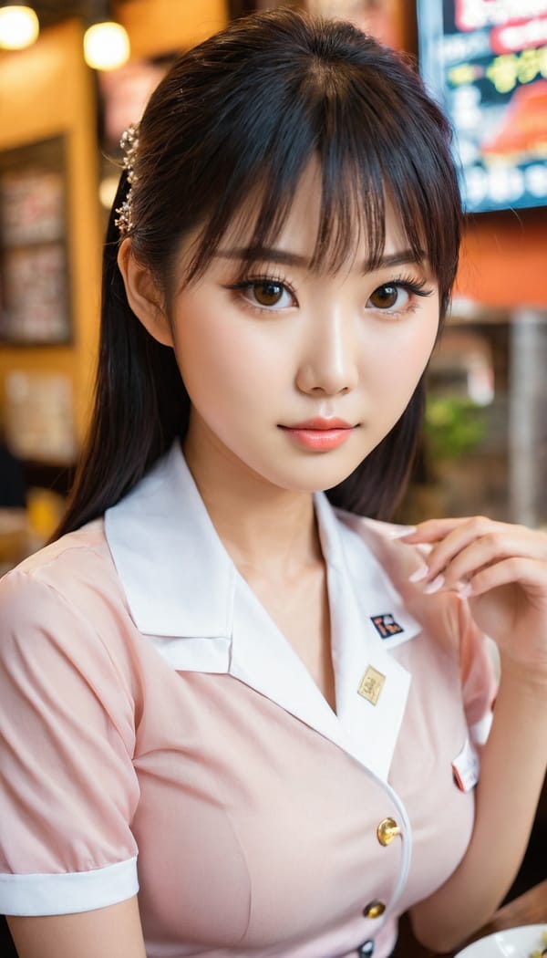 Tags: 21872187, SDXL
{"3": {"inputs": {"seed": 768013558530827, "steps": 32, "cfg": 5.69, "sampler_name": "dpmpp_2m", "scheduler": "karras", "denoise": 1.0, "model": ["27", 0], "positive": ["6", 0], "negative": ["7", 0], "latent_image": ["5", 0]}, "class_type": "KSampler"}, "4": {"inputs": {"ckpt_name": "juggernautxl.safetensors"}, "class_type": "CheckpointLoaderSimple"}, "5": {"inputs": {"width": 768, "height": 1344, "batch_size": 1}, "class_type": "EmptyLatentImage"}, "6": {"inputs": {"text": "24 year old girl, (taiwanese:0.99), (japanese:1.10), (blush:1.13), (seductive facial expression:1.02), (beautiful eyes:0.96), (eyelashes:1.12), (cute:1.05), (double eyelids:1.03), (sexy lips:1.11), (detailed face:1.00), (seductive pose:0.96), (temptress:1.07), (slim:1.07), (pale skin:0.99), (idol:0.96), (in a seductive pose:1.11), (large perky breasts:1.01), (cleavage:1.00), (thigh gap:1.07), (a waitress in uniform:1.03) working at a restaurant, (film:1.06), (detailed skin:1.00), (portra:1.01), (natural looking skin:1.08), (textured skin:1.00), (soft lighting:1.07), (candid cinema:1.04), (RAW:1.03), (skin fuzz:1.07)", "clip": ["27", 1]}, "class_type": "CLIPTextEncode"}, "7": {"inputs": {"text": "(worst quality:1.05), (low resolution:1.11), (bad hands:1.08), (open mouth:1.10), (watermark:1.14), (distorted:1.13), (twisted:1.07)", "clip": ["27", 1]}, "class_type": "CLIPTextEncode"}, "8": {"inputs": {"samples": ["3", 0], "vae": ["4", 2]}, "class_type": "VAEDecode"}, "25": {"inputs": {"lora_name": "nudify_xl.safetensors", "strength_model": 0.05, "strength_clip": 0.34, "model": ["4", 0], "clip": ["4", 1]}, "class_type": "LoraLoader"}, "26": {"inputs": {"lora_name": "shirtlift_SDXL_v2.safetensors", "strength_model": 0.12, "strength_clip": 0.11, "model": ["25", 0], "clip": ["25", 1]}, "class_type": "LoraLoader"}, "27": {"inputs": {"lora_name": "PerfectEyesXL.safetensors", "strength_model": 0.12, "strength_clip": 0.1, "model": ["26", 0], "clip": ["26", 1]}, "class_type": "LoraLoader"}, "30": {"inputs": {"model_name": "4x_NMKD-Superscale-SP_178000_G.pth"}, "class_type": "UpscaleModelLoader"}, "31": {"inputs": {"upscale_model": ["30", 0], "image": ["8", 0]}, "class_type": "ImageUpscaleWithModel"}, "32": {"inputs": {"upscale_method": "lanczos", "scale_by": 0.5, "image": ["31", 0]}, "class_type": "ImageScaleBy"}, "33": {"inputs": {"pixels": ["32", 0], "vae": ["4", 2]}, "class_type": "VAEEncode"}, "34": {"inputs": {"seed": 768013558530827, "steps": 32, "cfg": 5.69, "sampler_name": "dpmpp_2m", "scheduler": "karras", "denoise": 0.3, "model": ["27", 0], "positive": ["6", 0], "negative": ["7", 0], "latent_image": ["33", 0]}, "class_type": "KSampler"}, "36": {"inputs": {"samples": ["34", 0], "vae": ["4", 2]}, "class_type": "VAEDecode"}, "39": {"inputs": {"filename_prefix": "comfyapi-1714263323505", "images": ["36", 0]}, "class_type": "SaveImage"}}