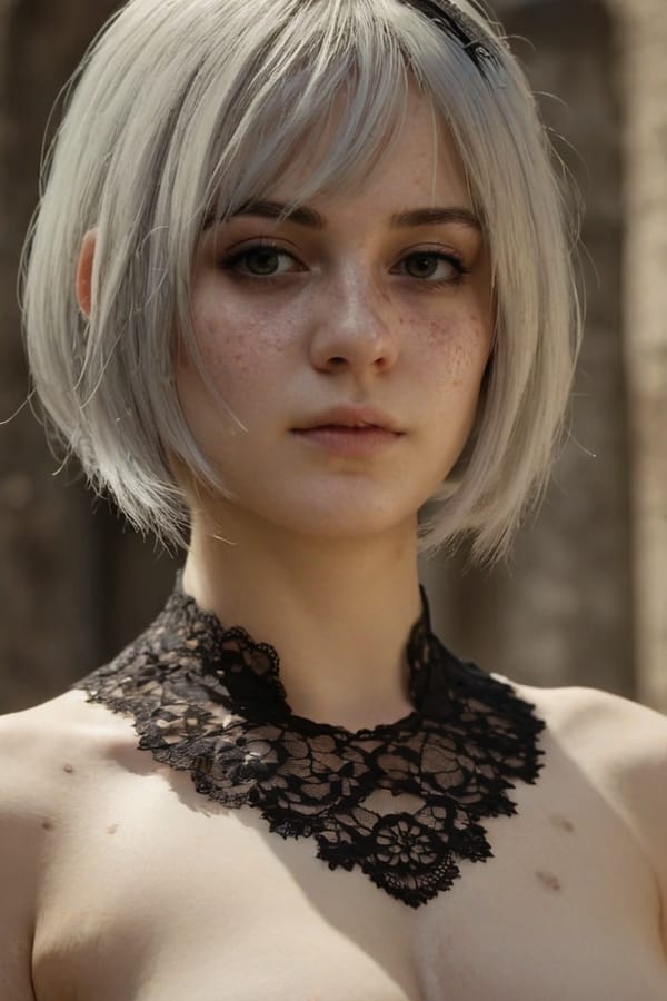 Tags: undefined
professional  cinematic photo, 2b nier automata, lace,  detailed natural skin and blemishes, close-up, face focus,  35mm photograph, professional, 4k, highly detailed, (freckles:0.3),  bare breasts, (topless:1.8), (small perky breasts:1.7)
Negative prompt: drawing, painting, crayon, sketch, graphite, impressionist, noisy, blurry, soft, deformed, ugly, (worst quality, low quality, normal quality, lowres, low details, oversaturated, undersaturated, overexposed, underexposed, grayscale, bw, bad photo, bad photography, bad art:1.4), (watermark, signature, text font, username, error, logo, words, letters, digits, autograph, trademark, name:1.2), (blur, blurry, grainy), morbid, ugly, asymmetrical, mutated malformed, mutilated, poorly lit, bad shadow, draft, cropped, out of frame, cut off, censored, jpeg artifacts, out of focus, glitch, duplicate, (airbrushed, cartoon, anime, semi-realistic, cgi, render, blender, digital art, manga, amateur:1.3), (3D ,3D Game, 3D Game Scene, 3D Character:1.1), (bad hands, bad anatomy, bad body, bad face, bad teeth, bad arms, bad legs, deformities:1.3)
Steps: 40, Sampler: DPM++ 2M, CFG scale: 7, Seed: 1288801951, Size: 768x1152, Model hash: aeb7e9e689, Model: juggernautXL_v8Rundiffusion, Version: v1.7.0