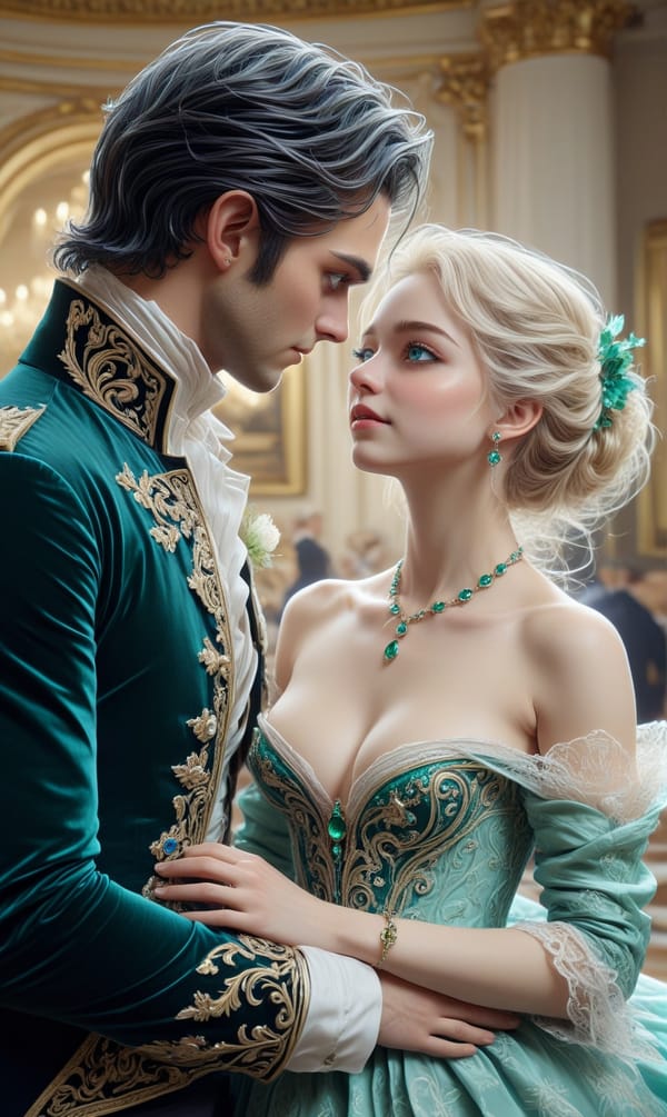 Tags: undefined
(topless nude her bare breast breasts nipples:1.7),
(man and a woman couple embracing each other there is a height difference between them), 
(1 topless blonde girl wearing green ballgown falling off shoulders exposing her bare breasts: 1.1),
(1 black haired man wearing black velvet ducal jacket with black swept back hair queue hansome:1.1), 

(ultra realistic:1.3),(best quality:1.3),(illustration:1.1),(hyper detailed:1.1),(high quality:1.1),masterpiece, pale complexion, intricate details, ultra detailed,(height difference:1.1),(eye contact:1.2),close together, emerald necklace,(blue colored eyes:1.2),(preparing to waltz:1.1),ballroom, small smile,elegant,1790s British formal clothes,
<lora:JuggerCineXL2:1>,<lora:LaxpeintXL-2.0:0.7>,<lora:add_detail:1>,<lora:more_details:1>,<lora:Tempest_Magic_-_XL_Grimoire:1>,<lora:detailed_notrigger:1>,
Negative prompt: ((hand, hands)),greyscale, bad anatomy, extra fingers, extra limbs, bad eyes,(mutated limbs:1.2),(mutated hands, mutated fingers:1.2),(deformed hands:1.2),simple background, signature, writing, logo, watermark, abnormal eye proportion,ugly-detailed-fingers,ugly-detailed-toes,fingers-in-worst-possible-shape,worst-detailed-eyes,undetailed-eyes,undetailed-fingers,mustache,closed-eyes,(wrinkled-coat:1.1),
Steps: 36, Sampler: Euler a, CFG scale: 1.5, Seed: 2982642799, Size: 768x1280, Model hash: c8df560d29, Model: juggernautXL_v9Rdphoto2Lightning, Denoising strength: 0.4, Hires upscale: 1.35, Hires steps: 4, Hires upscaler: R-ESRGAN 4x+, Lora hashes: "JuggerCineXL2: 91f68961ddc0, more_details: 3b8aa1d351ef, Tempest_Magic_-_XL_Grimoire: 705cf362e7a7, detailed_notrigger: 0f984fef7394", Version: v1.8.0