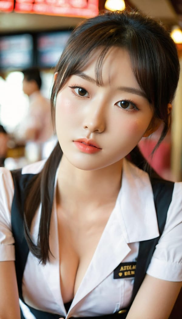 Tags: 21872187, SDXL
{"3": {"inputs": {"seed": 283551944382465, "steps": 32, "cfg": 7.71, "sampler_name": "dpmpp_2m", "scheduler": "karras", "denoise": 1.0, "model": ["27", 0], "positive": ["6", 0], "negative": ["7", 0], "latent_image": ["5", 0]}, "class_type": "KSampler"}, "4": {"inputs": {"ckpt_name": "leosamsHelloworldSDXL_helloworldSDXL32DPO.safetensors"}, "class_type": "CheckpointLoaderSimple"}, "5": {"inputs": {"width": 768, "height": 1344, "batch_size": 1}, "class_type": "EmptyLatentImage"}, "6": {"inputs": {"text": "21 year old girl, (korean:1.13), (eyelashes:0.98), (blush:1.13), (slim:0.98), (double eyelids:0.99), (seductive pose:1.13), (temptress:0.96), (seductive facial expression:1.02), (detailed face:1.00), (idol:1.14), (cute:0.96), (sexy lips:1.10), (in a seductive pose:1.11), (large perky breasts:0.96), (cleavage:1.03), (thigh gap:1.06), (a waitress in uniform:1.12) working at a restaurant, (portra:1.00), (textured skin:1.07), (detailed skin:1.03), (candid cinema:1.09), (RAW:1.06), (film:1.03), (soft lighting:1.04), (skin fuzz:1.01), (natural looking skin:1.07)", "clip": ["27", 1]}, "class_type": "CLIPTextEncode"}, "7": {"inputs": {"text": "(open mouth:1.11), (watermark:1.07), (low resolution:1.12), (twisted:1.13), (distorted:1.08), (worst quality:1.12), (bad hands:1.05)", "clip": ["27", 1]}, "class_type": "CLIPTextEncode"}, "8": {"inputs": {"samples": ["3", 0], "vae": ["4", 2]}, "class_type": "VAEDecode"}, "25": {"inputs": {"lora_name": "nudify_xl.safetensors", "strength_model": 0.05, "strength_clip": 0.18, "model": ["4", 0], "clip": ["4", 1]}, "class_type": "LoraLoader"}, "26": {"inputs": {"lora_name": "shirtlift_SDXL_v2.safetensors", "strength_model": 0.11, "strength_clip": 0.09, "model": ["25", 0], "clip": ["25", 1]}, "class_type": "LoraLoader"}, "27": {"inputs": {"lora_name": "PerfectEyesXL.safetensors", "strength_model": 0.16, "strength_clip": 0.03, "model": ["26", 0], "clip": ["26", 1]}, "class_type": "LoraLoader"}, "30": {"inputs": {"model_name": "4x_NMKD-Superscale-SP_178000_G.pth"}, "class_type": "UpscaleModelLoader"}, "31": {"inputs": {"upscale_model": ["30", 0], "image": ["8", 0]}, "class_type": "ImageUpscaleWithModel"}, "32": {"inputs": {"upscale_method": "lanczos", "scale_by": 0.5, "image": ["31", 0]}, "class_type": "ImageScaleBy"}, "33": {"inputs": {"pixels": ["32", 0], "vae": ["4", 2]}, "class_type": "VAEEncode"}, "34": {"inputs": {"seed": 283551944382465, "steps": 32, "cfg": 7.71, "sampler_name": "dpmpp_2m", "scheduler": "karras", "denoise": 0.3, "model": ["27", 0], "positive": ["6", 0], "negative": ["7", 0], "latent_image": ["33", 0]}, "class_type": "KSampler"}, "36": {"inputs": {"samples": ["34", 0], "vae": ["4", 2]}, "class_type": "VAEDecode"}, "39": {"inputs": {"filename_prefix": "comfyapi-1708206704873", "images": ["36", 0]}, "class_type": "SaveImage"}}