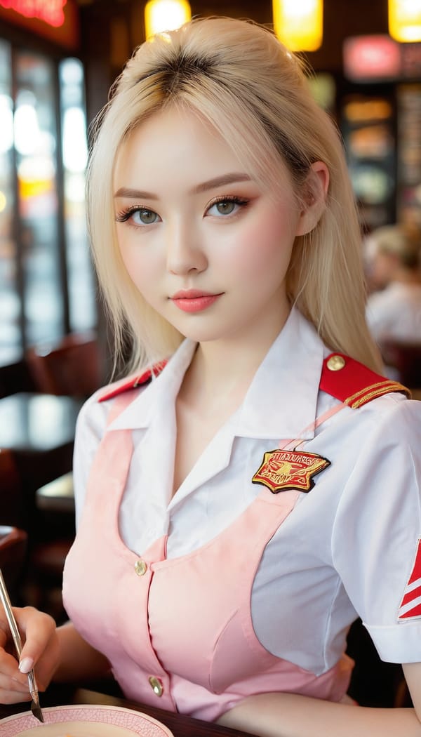 Tags: 21872187, SDXL
{"3": {"inputs": {"seed": 910432236370330, "steps": 64, "cfg": 6.7, "sampler_name": "dpmpp_2m", "scheduler": "karras", "denoise": 1.0, "model": ["27", 0], "positive": ["6", 0], "negative": ["7", 0], "latent_image": ["5", 0]}, "class_type": "KSampler"}, "4": {"inputs": {"ckpt_name": "juggernautxl.safetensors"}, "class_type": "CheckpointLoaderSimple"}, "5": {"inputs": {"width": 768, "height": 1344, "batch_size": 1}, "class_type": "EmptyLatentImage"}, "6": {"inputs": {"text": "19 year old girl, (cute:1.02), (beautiful eyes:0.99), (sexy lips:1.10), (eyelashes:1.01), (temptress:1.04), (seductive pose:1.00), (seductive facial expression:0.97), (blush:1.10), (double eyelids:1.11), (pale skin:1.13), (idol:1.01), (detailed face:0.97), (in a seductive pose:1.09), (large perky breasts:1.07), (cleavage:1.13), (thigh gap:1.07), (a waitress in uniform:1.12) working at a restaurant, (film:1.09), (RAW:1.07), (candid cinema:1.08), (portra:1.05), (natural looking skin:1.08), (detailed skin:1.09), (textured skin:1.04), (soft lighting:1.08), (skin fuzz:1.00)", "clip": ["27", 1]}, "class_type": "CLIPTextEncode"}, "7": {"inputs": {"text": "(twisted:1.05), (open mouth:1.12), (distorted:1.06), (watermark:1.14), (bad hands:1.06), (worst quality:1.07), (low resolution:1.06)", "clip": ["27", 1]}, "class_type": "CLIPTextEncode"}, "8": {"inputs": {"samples": ["3", 0], "vae": ["4", 2]}, "class_type": "VAEDecode"}, "25": {"inputs": {"lora_name": "nudify_xl.safetensors", "strength_model": 0.12, "strength_clip": 0.26, "model": ["4", 0], "clip": ["4", 1]}, "class_type": "LoraLoader"}, "26": {"inputs": {"lora_name": "shirtlift_SDXL_v2.safetensors", "strength_model": 0.11, "strength_clip": 0.14, "model": ["25", 0], "clip": ["25", 1]}, "class_type": "LoraLoader"}, "27": {"inputs": {"lora_name": "PerfectEyesXL.safetensors", "strength_model": 0.18, "strength_clip": 0.07, "model": ["26", 0], "clip": ["26", 1]}, "class_type": "LoraLoader"}, "30": {"inputs": {"model_name": "4x_NMKD-Superscale-SP_178000_G.pth"}, "class_type": "UpscaleModelLoader"}, "31": {"inputs": {"upscale_model": ["30", 0], "image": ["8", 0]}, "class_type": "ImageUpscaleWithModel"}, "32": {"inputs": {"upscale_method": "lanczos", "scale_by": 0.5, "image": ["31", 0]}, "class_type": "ImageScaleBy"}, "33": {"inputs": {"pixels": ["32", 0], "vae": ["4", 2]}, "class_type": "VAEEncode"}, "34": {"inputs": {"seed": 910432236370330, "steps": 64, "cfg": 6.7, "sampler_name": "dpmpp_2m", "scheduler": "karras", "denoise": 0.3, "model": ["27", 0], "positive": ["6", 0], "negative": ["7", 0], "latent_image": ["33", 0]}, "class_type": "KSampler"}, "36": {"inputs": {"samples": ["34", 0], "vae": ["4", 2]}, "class_type": "VAEDecode"}, "39": {"inputs": {"filename_prefix": "comfyapi-1727983412924", "images": ["36", 0]}, "class_type": "SaveImage"}}