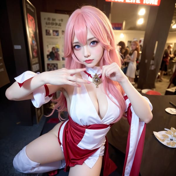 Tags: 21872187
<lora:JapaneseDollLikeness_v15:0.39>, <lora:YaeMiko_Test:0.70>, (ukrainian:1.02), (cosplay:1.14), cosplay exhibition, comiket, posing for camera, (seductive pose:1.08), extremely detailed eyes, extremely detailed face, cute, sexy lips, seductive smile, double eyelids, eyelashes, pale skin, perky breasts, full body portrait, RAW, sharp, tall, delicate and beautiful girl, 1girl, (dramatic:1.03)
Negative prompt: sketches, (worst quality:2.05)
Steps: 32, Sampler: DPM++ 2M Karras, CFG scale: 6.24, Seed: 2797599845, Size: 768x768, Model hash: fc2511737a, Model: chilloutmix_NiPrunedFp32Fix, Seed resize from: -1x-1, Denoising strength: 0.4, Version: v1.2.1, Hires upscale: 2.5, Hires steps: 16, Hires upscaler: ESRGAN_4x
