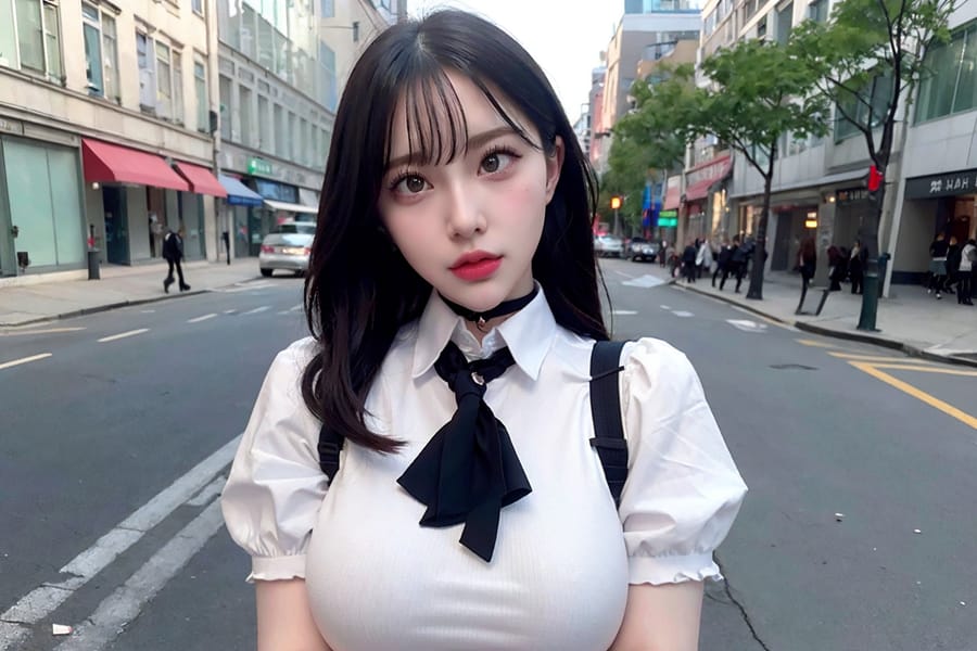 Tags: 21872187
<lora:JapaneseDollLikeness_v15:0.78>, <lora:koreanDollLikeness:0.43>, <lora:taiwanDollLikeness_v20:0.38>, (russian:0.92), (school uniform:1.11), (large breasts:1.17), choker, busy street in urban city, <lora:skirtlift-v4:0.86 <lora:Addams:0.24>, extremely detailed eyes, extremely detailed face, cute, (photorealistic:1.05), sexy lips, seductive smile, double eyelids, eyelashes, pale skin, perky breasts, 4K, RAW, hyper realistic, (long slim legs:1.10), blush, solo, (dramatic:0.99)
Negative prompt: drawings, anime, (worst quality:1.99)
Steps: 32, Sampler: DPM++ 2M Karras, CFG scale: 7.03, Seed: 900515708, Size: 768x512, Model hash: fc2511737a, Model: chilloutmix_NiPrunedFp32Fix, Seed resize from: -1x-1, Denoising strength: 0.4, Version: v1.2.1, Hires upscale: 2.5, Hires steps: 16, Hires upscaler: ESRGAN_4x