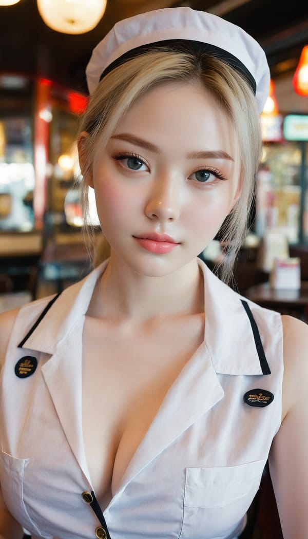 Tags: 21872187, SDXL
{"3": {"inputs": {"seed": 469760388345649, "steps": 64, "cfg": 6.39, "sampler_name": "dpmpp_2m", "scheduler": "karras", "denoise": 1.0, "model": ["27", 0], "positive": ["6", 0], "negative": ["7", 0], "latent_image": ["5", 0]}, "class_type": "KSampler"}, "4": {"inputs": {"ckpt_name": "juggernautxl.safetensors"}, "class_type": "CheckpointLoaderSimple"}, "5": {"inputs": {"width": 768, "height": 1344, "batch_size": 1}, "class_type": "EmptyLatentImage"}, "6": {"inputs": {"text": "20 year old girl, (pale skin:1.00), (seductive pose:1.11), (idol:1.08), (sexy lips:1.12), (beautiful eyes:1.06), (double eyelids:1.13), (detailed face:0.98), (seductive facial expression:1.13), (eyelashes:0.95), (slim:1.14), (blush:1.00), (in a seductive pose:0.96), (large perky breasts:1.07), (cleavage:1.08), (thigh gap:0.98), (a waitress in uniform:1.08) working at a restaurant, (natural looking skin:1.08), (soft lighting:1.03), (portra:1.03), (textured skin:1.07), (film:1.07), (candid cinema:1.06), (RAW:1.06), (detailed skin:1.02), (skin fuzz:1.00)", "clip": ["27", 1]}, "class_type": "CLIPTextEncode"}, "7": {"inputs": {"text": "(twisted:1.12), (open mouth:1.09), (bad hands:1.08), (worst quality:1.09), (distorted:1.10), (watermark:1.08), (low resolution:1.06)", "clip": ["27", 1]}, "class_type": "CLIPTextEncode"}, "8": {"inputs": {"samples": ["3", 0], "vae": ["4", 2]}, "class_type": "VAEDecode"}, "25": {"inputs": {"lora_name": "nudify_xl.safetensors", "strength_model": 0.14, "strength_clip": 0.03, "model": ["4", 0], "clip": ["4", 1]}, "class_type": "LoraLoader"}, "26": {"inputs": {"lora_name": "shirtlift_SDXL_v2.safetensors", "strength_model": 0.01, "strength_clip": 0.09, "model": ["25", 0], "clip": ["25", 1]}, "class_type": "LoraLoader"}, "27": {"inputs": {"lora_name": "PerfectEyesXL.safetensors", "strength_model": 0.14, "strength_clip": 0.15, "model": ["26", 0], "clip": ["26", 1]}, "class_type": "LoraLoader"}, "30": {"inputs": {"model_name": "4x_NMKD-Superscale-SP_178000_G.pth"}, "class_type": "UpscaleModelLoader"}, "31": {"inputs": {"upscale_model": ["30", 0], "image": ["8", 0]}, "class_type": "ImageUpscaleWithModel"}, "32": {"inputs": {"upscale_method": "lanczos", "scale_by": 0.5, "image": ["31", 0]}, "class_type": "ImageScaleBy"}, "33": {"inputs": {"pixels": ["32", 0], "vae": ["4", 2]}, "class_type": "VAEEncode"}, "34": {"inputs": {"seed": 469760388345649, "steps": 64, "cfg": 6.39, "sampler_name": "dpmpp_2m", "scheduler": "karras", "denoise": 0.3, "model": ["27", 0], "positive": ["6", 0], "negative": ["7", 0], "latent_image": ["33", 0]}, "class_type": "KSampler"}, "36": {"inputs": {"samples": ["34", 0], "vae": ["4", 2]}, "class_type": "VAEDecode"}, "39": {"inputs": {"filename_prefix": "comfyapi-1731266218273", "images": ["36", 0]}, "class_type": "SaveImage"}}