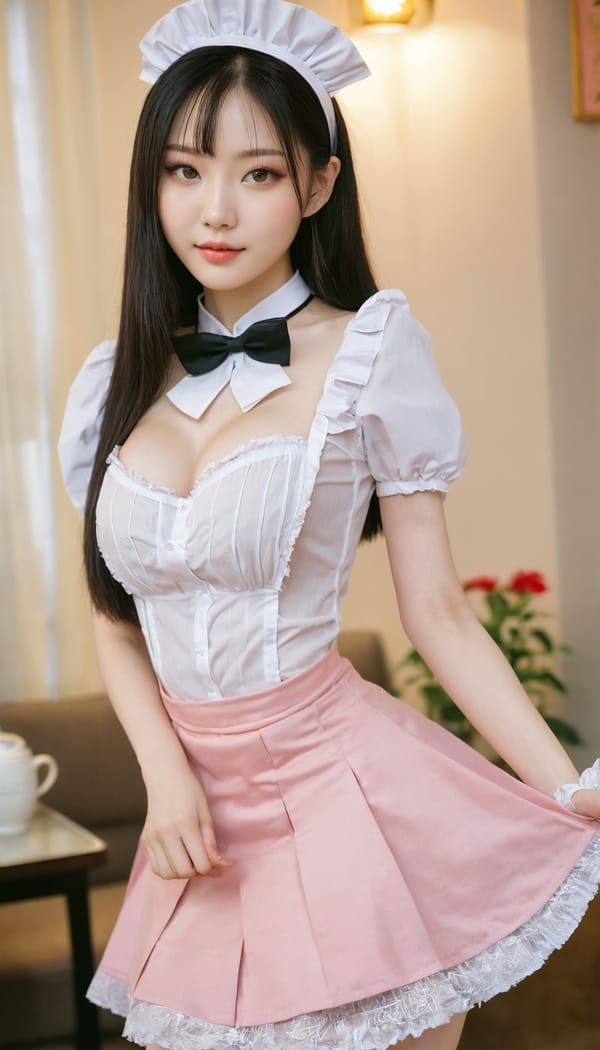 Tags: 21872187, SDXL
{"3": {"inputs": {"seed": 897765776100594, "steps": 64, "cfg": 6.73, "sampler_name": "dpmpp_2m", "scheduler": "karras", "denoise": 1.0, "model": ["27", 0], "positive": ["6", 0], "negative": ["7", 0], "latent_image": ["5", 0]}, "class_type": "KSampler"}, "4": {"inputs": {"ckpt_name": "juggernautxl.safetensors"}, "class_type": "CheckpointLoaderSimple"}, "5": {"inputs": {"width": 768, "height": 1344, "batch_size": 1}, "class_type": "EmptyLatentImage"}, "6": {"inputs": {"text": "23 year old girl, (russian:1.00), (taiwanese:1.03), (korean:1.09), (pale skin:1.13), (beautiful eyes:1.07), (temptress:0.95), (sexy lips:1.07), (blush:1.12), (eyelashes:1.02), (detailed face:0.97), (cute:1.06), (double eyelids:0.97), (seductive pose:0.99), (seductive facial expression:1.12), (slim:0.99), (idol:1.01), (in a seductive pose:1.12), (large perky breasts:1.06), (cleavage:1.10), (thigh gap:1.01), in a (skimpy maid costume:1.02) working at a maid cafe, choker, bowtie, headband, pleated skirt, (portra:1.01), (candid cinema:1.02), (natural looking skin:1.09), (textured skin:1.08), (film:1.02), (soft lighting:1.02), (skin fuzz:1.05), (detailed skin:1.05), (RAW:1.02)", "clip": ["27", 1]}, "class_type": "CLIPTextEncode"}, "7": {"inputs": {"text": "(low resolution:1.14), (worst quality:1.05), (distorted:1.12), (watermark:1.09), (open mouth:1.12), (bad hands:1.05), (twisted:1.09)", "clip": ["27", 1]}, "class_type": "CLIPTextEncode"}, "8": {"inputs": {"samples": ["3", 0], "vae": ["4", 2]}, "class_type": "VAEDecode"}, "25": {"inputs": {"lora_name": "nudify_xl.safetensors", "strength_model": 0.33, "strength_clip": 0.32, "model": ["4", 0], "clip": ["4", 1]}, "class_type": "LoraLoader"}, "26": {"inputs": {"lora_name": "shirtlift_SDXL_v2.safetensors", "strength_model": 0.0, "strength_clip": 0.0, "model": ["25", 0], "clip": ["25", 1]}, "class_type": "LoraLoader"}, "27": {"inputs": {"lora_name": "PerfectEyesXL.safetensors", "strength_model": 0.0, "strength_clip": 0.09, "model": ["26", 0], "clip": ["26", 1]}, "class_type": "LoraLoader"}, "30": {"inputs": {"model_name": "4x_NMKD-Superscale-SP_178000_G.pth"}, "class_type": "UpscaleModelLoader"}, "31": {"inputs": {"upscale_model": ["30", 0], "image": ["8", 0]}, "class_type": "ImageUpscaleWithModel"}, "32": {"inputs": {"upscale_method": "lanczos", "scale_by": 0.5, "image": ["31", 0]}, "class_type": "ImageScaleBy"}, "33": {"inputs": {"pixels": ["32", 0], "vae": ["4", 2]}, "class_type": "VAEEncode"}, "34": {"inputs": {"seed": 897765776100594, "steps": 64, "cfg": 6.73, "sampler_name": "dpmpp_2m", "scheduler": "karras", "denoise": 0.3, "model": ["27", 0], "positive": ["6", 0], "negative": ["7", 0], "latent_image": ["33", 0]}, "class_type": "KSampler"}, "36": {"inputs": {"samples": ["34", 0], "vae": ["4", 2]}, "class_type": "VAEDecode"}, "39": {"inputs": {"filename_prefix": "comfyapi-1714868198832", "images": ["36", 0]}, "class_type": "SaveImage"}}