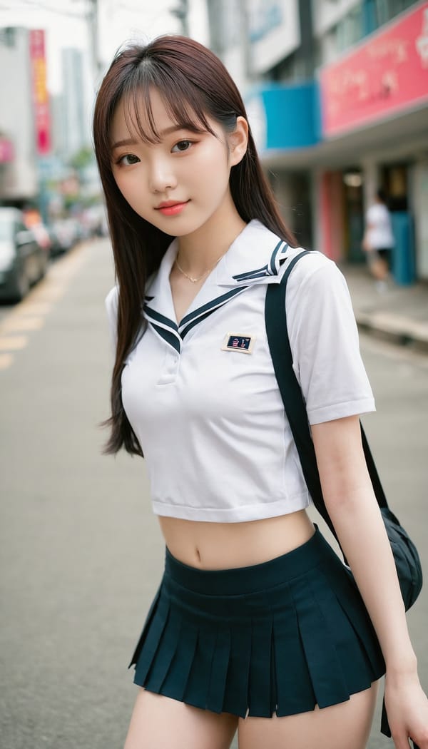 Tags: 21872187, SDXL
{"3": {"inputs": {"seed": 378601651289171, "steps": 32, "cfg": 5.86, "sampler_name": "dpmpp_2m", "scheduler": "karras", "denoise": 1.0, "model": ["27", 0], "positive": ["6", 0], "negative": ["7", 0], "latent_image": ["5", 0]}, "class_type": "KSampler"}, "4": {"inputs": {"ckpt_name": "juggernautxl.safetensors"}, "class_type": "CheckpointLoaderSimple"}, "5": {"inputs": {"width": 768, "height": 1344, "batch_size": 1}, "class_type": "EmptyLatentImage"}, "6": {"inputs": {"text": "18 year old girl, (korean:1.02), (cute:1.02), (blush:1.11), (pale skin:0.98), (seductive facial expression:1.12), (slim:1.10), (detailed face:1.14), (eyelashes:0.97), (double eyelids:1.11), (temptress:1.00), (sexy lips:1.03), (idol:1.09), (seductive pose:0.98), (perky ass:1.05), (exposed ass:1.01), (looking back:1.07), (sexy ass:1.12), (thigh gap:1.11), (school uniform:1.08), choker, busy street, (skin fuzz:1.08), (detailed skin:1.06), (soft lighting:1.04), (candid cinema:1.00), (portra:1.08), (film:1.07), (natural looking skin:1.01), (textured skin:1.00), (RAW:1.04)", "clip": ["27", 1]}, "class_type": "CLIPTextEncode"}, "7": {"inputs": {"text": "(worst quality:1.14), (twisted:1.08), (open mouth:1.12), (bad hands:1.12), (watermark:1.09), (low resolution:1.05), (distorted:1.13)", "clip": ["27", 1]}, "class_type": "CLIPTextEncode"}, "8": {"inputs": {"samples": ["3", 0], "vae": ["4", 2]}, "class_type": "VAEDecode"}, "25": {"inputs": {"lora_name": "nudify_xl.safetensors", "strength_model": 0.35, "strength_clip": 0.08, "model": ["4", 0], "clip": ["4", 1]}, "class_type": "LoraLoader"}, "26": {"inputs": {"lora_name": "shirtlift_SDXL_v2.safetensors", "strength_model": 0.11, "strength_clip": 0.12, "model": ["25", 0], "clip": ["25", 1]}, "class_type": "LoraLoader"}, "27": {"inputs": {"lora_name": "PerfectEyesXL.safetensors", "strength_model": 0.03, "strength_clip": 0.12, "model": ["26", 0], "clip": ["26", 1]}, "class_type": "LoraLoader"}, "30": {"inputs": {"model_name": "4x_NMKD-Superscale-SP_178000_G.pth"}, "class_type": "UpscaleModelLoader"}, "31": {"inputs": {"upscale_model": ["30", 0], "image": ["8", 0]}, "class_type": "ImageUpscaleWithModel"}, "32": {"inputs": {"upscale_method": "lanczos", "scale_by": 0.5, "image": ["31", 0]}, "class_type": "ImageScaleBy"}, "33": {"inputs": {"pixels": ["32", 0], "vae": ["4", 2]}, "class_type": "VAEEncode"}, "34": {"inputs": {"seed": 378601651289171, "steps": 32, "cfg": 5.86, "sampler_name": "dpmpp_2m", "scheduler": "karras", "denoise": 0.3, "model": ["27", 0], "positive": ["6", 0], "negative": ["7", 0], "latent_image": ["33", 0]}, "class_type": "KSampler"}, "36": {"inputs": {"samples": ["34", 0], "vae": ["4", 2]}, "class_type": "VAEDecode"}, "39": {"inputs": {"filename_prefix": "comfyapi-1724016592793", "images": ["36", 0]}, "class_type": "SaveImage"}}