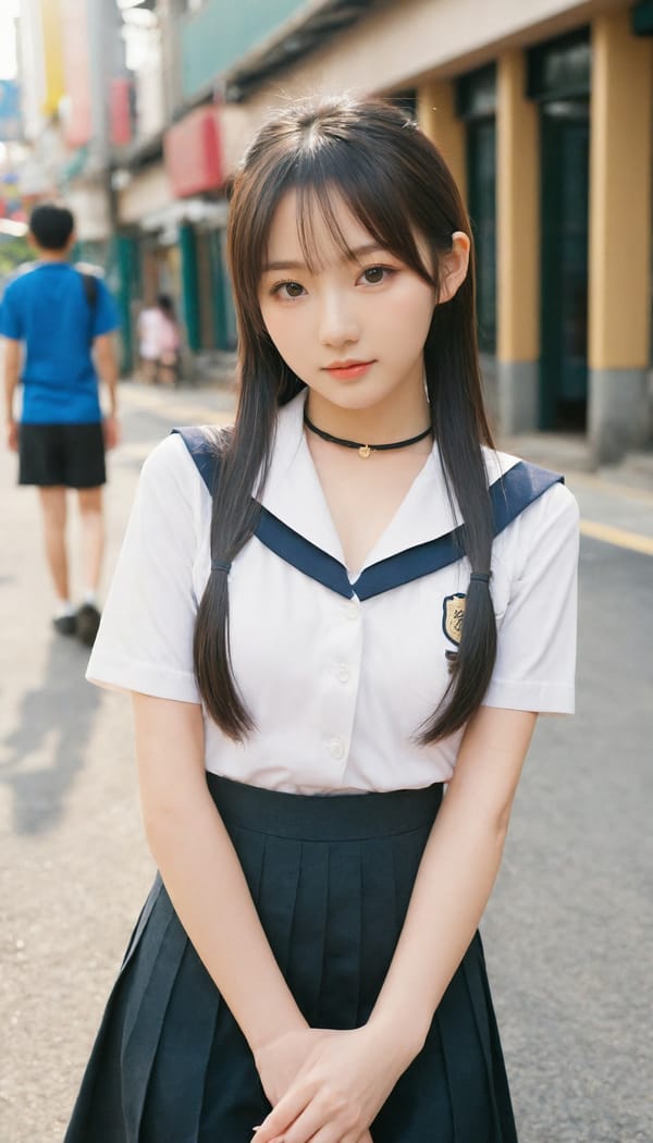 Tags: 21872187, SDXL
{"3": {"inputs": {"seed": 977630991980287, "steps": 32, "cfg": 5.19, "sampler_name": "dpmpp_2m", "scheduler": "karras", "denoise": 1.0, "model": ["27", 0], "positive": ["6", 0], "negative": ["7", 0], "latent_image": ["5", 0]}, "class_type": "KSampler"}, "4": {"inputs": {"ckpt_name": "leosamsHelloworldSDXL_helloworldSDXL32DPO.safetensors"}, "class_type": "CheckpointLoaderSimple"}, "5": {"inputs": {"width": 768, "height": 1344, "batch_size": 1}, "class_type": "EmptyLatentImage"}, "6": {"inputs": {"text": "22 year old girl, (japanese:1.08), (chinese:1.04), (slim:1.01), (double eyelids:1.12), (idol:1.02), (pale skin:1.03), (cute:1.14), (detailed face:1.07), (temptress:0.97), (blush:1.03), (seductive pose:1.09), (seductive facial expression:1.13), (eyelashes:1.05), (beautiful eyes:1.09), (in a seductive pose:0.96), (large perky breasts:1.09), (cleavage:1.04), (thigh gap:1.03), (school uniform:1.14), choker, busy street, (portra:1.03), (natural looking skin:1.00), (skin fuzz:1.07), (candid cinema:1.04), (textured skin:1.08), (film:1.03), (RAW:1.03), (detailed skin:1.08), (soft lighting:1.05)", "clip": ["27", 1]}, "class_type": "CLIPTextEncode"}, "7": {"inputs": {"text": "(twisted:1.07), (distorted:1.08), (low resolution:1.10), (open mouth:1.14), (worst quality:1.13), (bad hands:1.13), (watermark:1.09)", "clip": ["27", 1]}, "class_type": "CLIPTextEncode"}, "8": {"inputs": {"samples": ["3", 0], "vae": ["4", 2]}, "class_type": "VAEDecode"}, "25": {"inputs": {"lora_name": "nudify_xl.safetensors", "strength_model": 0.25, "strength_clip": 0.3, "model": ["4", 0], "clip": ["4", 1]}, "class_type": "LoraLoader"}, "26": {"inputs": {"lora_name": "shirtlift_SDXL_v2.safetensors", "strength_model": 0.12, "strength_clip": 0.0, "model": ["25", 0], "clip": ["25", 1]}, "class_type": "LoraLoader"}, "27": {"inputs": {"lora_name": "PerfectEyesXL.safetensors", "strength_model": 0.17, "strength_clip": 0.09, "model": ["26", 0], "clip": ["26", 1]}, "class_type": "LoraLoader"}, "30": {"inputs": {"model_name": "4x_NMKD-Superscale-SP_178000_G.pth"}, "class_type": "UpscaleModelLoader"}, "31": {"inputs": {"upscale_model": ["30", 0], "image": ["8", 0]}, "class_type": "ImageUpscaleWithModel"}, "32": {"inputs": {"upscale_method": "lanczos", "scale_by": 0.5, "image": ["31", 0]}, "class_type": "ImageScaleBy"}, "33": {"inputs": {"pixels": ["32", 0], "vae": ["4", 2]}, "class_type": "VAEEncode"}, "34": {"inputs": {"seed": 977630991980287, "steps": 32, "cfg": 5.19, "sampler_name": "dpmpp_2m", "scheduler": "karras", "denoise": 0.3, "model": ["27", 0], "positive": ["6", 0], "negative": ["7", 0], "latent_image": ["33", 0]}, "class_type": "KSampler"}, "36": {"inputs": {"samples": ["34", 0], "vae": ["4", 2]}, "class_type": "VAEDecode"}, "39": {"inputs": {"filename_prefix": "comfyapi-1708011353144", "images": ["36", 0]}, "class_type": "SaveImage"}}