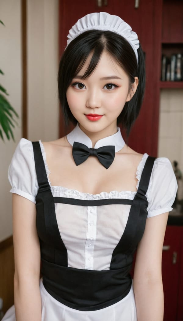 Tags: 21872187, SDXL
{"3": {"inputs": {"seed": 340096489520494, "steps": 64, "cfg": 5.07, "sampler_name": "dpmpp_2m", "scheduler": "karras", "denoise": 1.0, "model": ["27", 0], "positive": ["6", 0], "negative": ["7", 0], "latent_image": ["5", 0]}, "class_type": "KSampler"}, "4": {"inputs": {"ckpt_name": "juggernautXL_v8Rundiffusion.safetensors"}, "class_type": "CheckpointLoaderSimple"}, "5": {"inputs": {"width": 768, "height": 1344, "batch_size": 1}, "class_type": "EmptyLatentImage"}, "6": {"inputs": {"text": "22 year old girl, (ukrainian:1.01), (chinese:1.14), (blush:0.95), (sexy lips:1.11), (pale skin:1.11), (cute:1.06), (temptress:1.02), (seductive pose:1.05), (slim:1.03), (idol:1.01), (double eyelids:1.14), (detailed face:1.08), (eyelashes:1.03), (beautiful eyes:1.00), (seductive facial expression:1.05), (perky ass:1.09), (exposed ass:1.11), (looking back:1.00), (sexy ass:1.02), (thigh gap:1.03), in a (skimpy maid costume:0.98) working at a maid cafe, choker, bowtie, headband, pleated skirt, (candid cinema:1.09), (portra:1.09), (natural looking skin:1.04), (skin fuzz:1.06), (film:1.06), (soft lighting:1.07), (textured skin:1.02), (RAW:1.05), (detailed skin:1.04)", "clip": ["27", 1]}, "class_type": "CLIPTextEncode"}, "7": {"inputs": {"text": "(bad hands:1.07), (worst quality:1.06), (watermark:1.05), (open mouth:1.13), (distorted:1.11), (low resolution:1.05)", "clip": ["27", 1]}, "class_type": "CLIPTextEncode"}, "8": {"inputs": {"samples": ["3", 0], "vae": ["4", 2]}, "class_type": "VAEDecode"}, "25": {"inputs": {"lora_name": "nudify_xl.safetensors", "strength_model": 0.38, "strength_clip": 0.35, "model": ["4", 0], "clip": ["4", 1]}, "class_type": "LoraLoader"}, "26": {"inputs": {"lora_name": "shirtlift_SDXL_v2.safetensors", "strength_model": 0.08, "strength_clip": 0.0, "model": ["25", 0], "clip": ["25", 1]}, "class_type": "LoraLoader"}, "27": {"inputs": {"lora_name": "PerfectEyesXL.safetensors", "strength_model": 0.03, "strength_clip": 0.15, "model": ["26", 0], "clip": ["26", 1]}, "class_type": "LoraLoader"}, "30": {"inputs": {"model_name": "4x_NMKD-Superscale-SP_178000_G.pth"}, "class_type": "UpscaleModelLoader"}, "31": {"inputs": {"upscale_model": ["30", 0], "image": ["8", 0]}, "class_type": "ImageUpscaleWithModel"}, "32": {"inputs": {"upscale_method": "lanczos", "scale_by": 0.5, "image": ["31", 0]}, "class_type": "ImageScaleBy"}, "33": {"inputs": {"pixels": ["32", 0], "vae": ["4", 2]}, "class_type": "VAEEncode"}, "34": {"inputs": {"seed": 340096489520494, "steps": 64, "cfg": 5.07, "sampler_name": "dpmpp_2m", "scheduler": "karras", "denoise": 0.3, "model": ["27", 0], "positive": ["6", 0], "negative": ["7", 0], "latent_image": ["33", 0]}, "class_type": "KSampler"}, "36": {"inputs": {"samples": ["34", 0], "vae": ["4", 2]}, "class_type": "VAEDecode"}, "39": {"inputs": {"filename_prefix": "comfyapi-1707398514662", "images": ["36", 0]}, "class_type": "SaveImage"}}