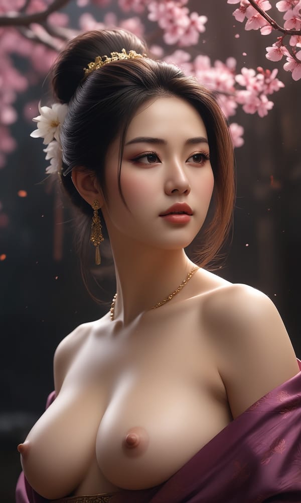 Tags: undefined
(cleavage nipple bare breasts nude topless:1.9) , masterpieces, best quality, extreme detailed CG unity 8k wallpaper, 1girl, beautiful, realistic,  long hair, plum blossom, jewelry, ear rings, hair bun, Chinese clothes, headpiece, ultra detailed skin texture, ultra detailed hair, blurry background, depth of field, (branch:1.2), gloom, golden ratio, off shoulder, very aesthetic, absurdres, glowing, sparks, chromatic aberration, fusion of rainbow with woman, artwork, side view, bare shoulders, fantasy art style, The dark atmosphere, the contrast between light and dark, Dark background, dark atmosphere, illumination, 
Negative prompt: lowres, text, error, cropped, worst quality, low quality, jpeg artifacts, ugly, duplicate, morbid, mutilated, out of frame, extra fingers, mutated hands, poorly drawn hands, poorly drawn face, mutation, deformed, blurry, dehydrated, bad anatomy, bad proportions, extra limbs, cloned face, disfigured, gross proportions, malformed limbs, missing arms, missing legs, extra arms, extra legs, fused fingers, too many fingers, long neck, username, watermark, signature, 
Steps: 8, Sampler: Euler a, CFG scale: 1.5, Seed: 754251453, Size: 768x1280, Model hash: c8df560d29, Model: juggernautXL_v9Rdphoto2Lightning, Denoising strength: 0.25, Hires upscale: 1.25, Hires steps: 4, Hires upscaler: R-ESRGAN 4x+, Version: v1.8.0