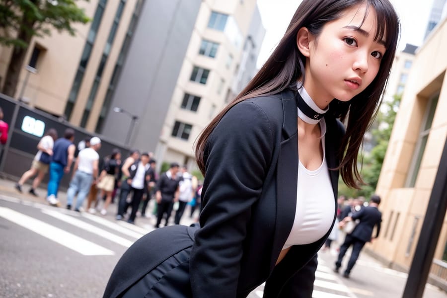 Tags: 21872187
asian, (school uniform:1.17), (large breasts:1.05), choker, busy street in urban city, (perky ass:0.95), (exposed ass:0.91), (looking back:1.15), <lora:Addams:0.21>, extremely detailed eyes, cute, (photorealistic:0.97), sexy lips, seductive smile, double eyelids, eyelashes, pale skin, perky breasts, full body portrait, textured skin, sharp, hyper realistic, (thigh gap:1.19), delicate and beautiful girl, 1girl, (stunningly attractive:1.20)
Negative prompt: sketches, paintings, anime, ugly, disfigured, (low quality:2.24), (worst quality:2.01)
Steps: 32, Sampler: DPM++ 2M Karras, CFG scale: 6.84, Seed: 1306679735, Size: 768x512, Model hash: fc2511737a, Model: chilloutmix_NiPrunedFp32Fix, Seed resize from: -1x-1, Denoising strength: 0.35, Version: v1.2.1, Hires upscale: 2.0, Hires steps: 32, Hires upscaler: ESRGAN_4x