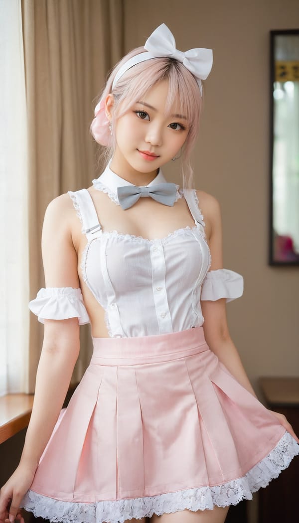 Tags: 21872187, SDXL
{"3": {"inputs": {"seed": 798176758446460, "steps": 32, "cfg": 6.14, "sampler_name": "dpmpp_2m", "scheduler": "karras", "denoise": 1.0, "model": ["27", 0], "positive": ["6", 0], "negative": ["7", 0], "latent_image": ["5", 0]}, "class_type": "KSampler"}, "4": {"inputs": {"ckpt_name": "juggernautxl.safetensors"}, "class_type": "CheckpointLoaderSimple"}, "5": {"inputs": {"width": 768, "height": 1344, "batch_size": 1}, "class_type": "EmptyLatentImage"}, "6": {"inputs": {"text": "18 year old girl, (japanese:1.08), (sexy lips:1.13), (detailed face:1.02), (temptress:1.09), (beautiful eyes:0.99), (blush:1.13), (idol:1.14), (double eyelids:0.95), (seductive pose:0.96), (pale skin:1.14), (eyelashes:1.03), (cute:0.98), (seductive facial expression:0.99), (slim:0.96), (perky ass:0.98), (exposed ass:1.06), (looking back:1.06), (sexy ass:1.03), (thigh gap:0.99), in a (skimpy maid costume:1.01) working at a maid cafe, choker, bowtie, headband, pleated skirt, (RAW:1.07), (film:1.01), (soft lighting:1.02), (candid cinema:1.07), (detailed skin:1.04), (portra:1.06), (textured skin:1.09), (skin fuzz:1.08), (natural looking skin:1.09)", "clip": ["27", 1]}, "class_type": "CLIPTextEncode"}, "7": {"inputs": {"text": "(open mouth:1.11), (twisted:1.08), (bad hands:1.05), (distorted:1.13), (worst quality:1.13), (watermark:1.10), (low resolution:1.12)", "clip": ["27", 1]}, "class_type": "CLIPTextEncode"}, "8": {"inputs": {"samples": ["3", 0], "vae": ["4", 2]}, "class_type": "VAEDecode"}, "25": {"inputs": {"lora_name": "nudify_xl.safetensors", "strength_model": 0.03, "strength_clip": 0.01, "model": ["4", 0], "clip": ["4", 1]}, "class_type": "LoraLoader"}, "26": {"inputs": {"lora_name": "shirtlift_SDXL_v2.safetensors", "strength_model": 0.14, "strength_clip": 0.01, "model": ["25", 0], "clip": ["25", 1]}, "class_type": "LoraLoader"}, "27": {"inputs": {"lora_name": "PerfectEyesXL.safetensors", "strength_model": 0.1, "strength_clip": 0.19, "model": ["26", 0], "clip": ["26", 1]}, "class_type": "LoraLoader"}, "30": {"inputs": {"model_name": "4x_NMKD-Superscale-SP_178000_G.pth"}, "class_type": "UpscaleModelLoader"}, "31": {"inputs": {"upscale_model": ["30", 0], "image": ["8", 0]}, "class_type": "ImageUpscaleWithModel"}, "32": {"inputs": {"upscale_method": "lanczos", "scale_by": 0.5, "image": ["31", 0]}, "class_type": "ImageScaleBy"}, "33": {"inputs": {"pixels": ["32", 0], "vae": ["4", 2]}, "class_type": "VAEEncode"}, "34": {"inputs": {"seed": 798176758446460, "steps": 32, "cfg": 6.14, "sampler_name": "dpmpp_2m", "scheduler": "karras", "denoise": 0.3, "model": ["27", 0], "positive": ["6", 0], "negative": ["7", 0], "latent_image": ["33", 0]}, "class_type": "KSampler"}, "36": {"inputs": {"samples": ["34", 0], "vae": ["4", 2]}, "class_type": "VAEDecode"}, "39": {"inputs": {"filename_prefix": "comfyapi-1723778353018", "images": ["36", 0]}, "class_type": "SaveImage"}}