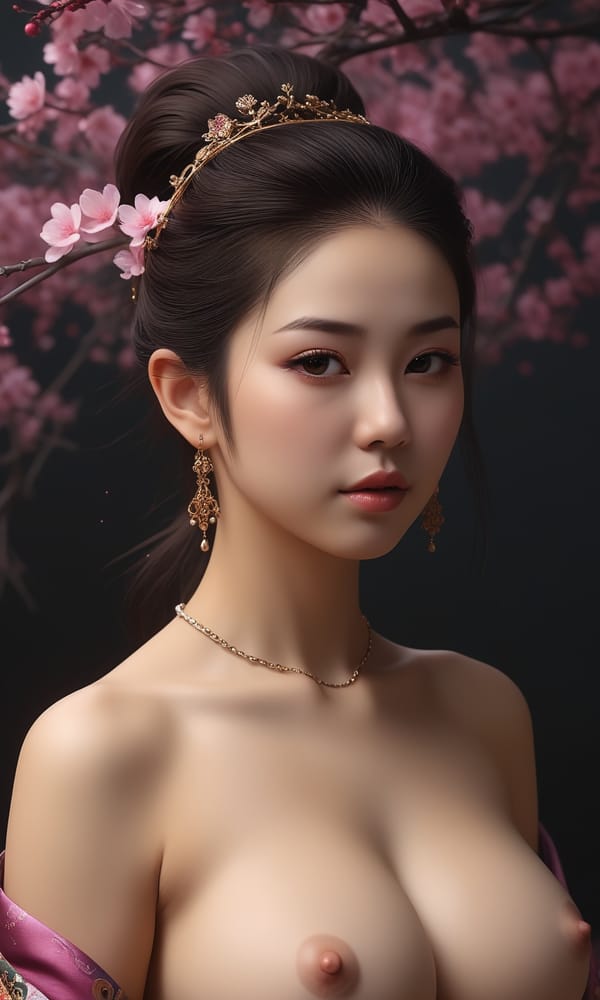 Tags: undefined
(cleavage nipple bare breasts nude topless:1.9) , masterpieces, best quality, extreme detailed CG unity 8k wallpaper, 1girl, beautiful, realistic,  long hair, plum blossom, jewelry, ear rings, hair bun, Chinese clothes, headpiece, ultra detailed skin texture, ultra detailed hair, blurry background, depth of field, (branch:1.2), gloom, golden ratio, off shoulder, very aesthetic, absurdres, glowing, sparks, chromatic aberration, fusion of rainbow with woman, artwork, side view, bare shoulders, fantasy art style, The dark atmosphere, the contrast between light and dark, Dark background, dark atmosphere, illumination, 
Negative prompt: lowres, text, error, cropped, worst quality, low quality, jpeg artifacts, ugly, duplicate, morbid, mutilated, out of frame, extra fingers, mutated hands, poorly drawn hands, poorly drawn face, mutation, deformed, blurry, dehydrated, bad anatomy, bad proportions, extra limbs, cloned face, disfigured, gross proportions, malformed limbs, missing arms, missing legs, extra arms, extra legs, fused fingers, too many fingers, long neck, username, watermark, signature, 
Steps: 8, Sampler: Euler a, CFG scale: 1.5, Seed: 754251464, Size: 768x1280, Model hash: c8df560d29, Model: juggernautXL_v9Rdphoto2Lightning, Denoising strength: 0.25, Hires upscale: 1.25, Hires steps: 4, Hires upscaler: R-ESRGAN 4x+, Version: v1.8.0