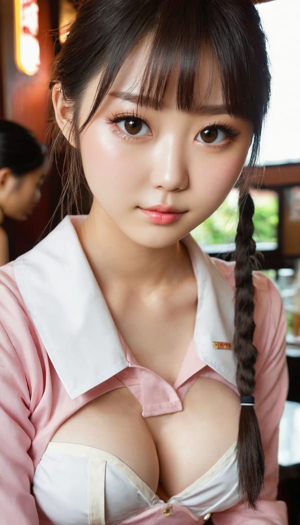 Tags: 21872187, SDXL
{"3": {"inputs": {"seed": 166321525549646, "steps": 32, "cfg": 6.31, "sampler_name": "dpmpp_2m", "scheduler": "karras", "denoise": 1.0, "model": ["27", 0], "positive": ["6", 0], "negative": ["7", 0], "latent_image": ["5", 0]}, "class_type": "KSampler"}, "4": {"inputs": {"ckpt_name": "juggernautxl.safetensors"}, "class_type": "CheckpointLoaderSimple"}, "5": {"inputs": {"width": 768, "height": 1344, "batch_size": 1}, "class_type": "EmptyLatentImage"}, "6": {"inputs": {"text": "20 year old girl, (japanese:0.96), (korean:0.95), (eyelashes:1.01), (detailed face:0.97), (temptress:0.95), (slim:1.05), (cute:1.07), (seductive pose:1.05), (beautiful eyes:1.08), (pale skin:1.06), (double eyelids:1.12), (blush:1.11), (seductive facial expression:1.14), (idol:1.01), (perky ass:1.02), (exposed ass:1.12), (looking back:1.00), (sexy ass:1.08), (thigh gap:1.09), (a waitress in uniform:1.14) working at a restaurant, (portra:1.09), (soft lighting:1.00), (detailed skin:1.09), (skin fuzz:1.03), (RAW:1.08), (natural looking skin:1.07), (textured skin:1.00), (candid cinema:1.01), (film:1.07)", "clip": ["27", 1]}, "class_type": "CLIPTextEncode"}, "7": {"inputs": {"text": "(bad hands:1.08), (low resolution:1.13), (watermark:1.13), (open mouth:1.10), (distorted:1.11), (twisted:1.09), (worst quality:1.12)", "clip": ["27", 1]}, "class_type": "CLIPTextEncode"}, "8": {"inputs": {"samples": ["3", 0], "vae": ["4", 2]}, "class_type": "VAEDecode"}, "25": {"inputs": {"lora_name": "nudify_xl.safetensors", "strength_model": 0.03, "strength_clip": 0.17, "model": ["4", 0], "clip": ["4", 1]}, "class_type": "LoraLoader"}, "26": {"inputs": {"lora_name": "shirtlift_SDXL_v2.safetensors", "strength_model": 0.13, "strength_clip": 0.12, "model": ["25", 0], "clip": ["25", 1]}, "class_type": "LoraLoader"}, "27": {"inputs": {"lora_name": "PerfectEyesXL.safetensors", "strength_model": 0.14, "strength_clip": 0.18, "model": ["26", 0], "clip": ["26", 1]}, "class_type": "LoraLoader"}, "30": {"inputs": {"model_name": "4x_NMKD-Superscale-SP_178000_G.pth"}, "class_type": "UpscaleModelLoader"}, "31": {"inputs": {"upscale_model": ["30", 0], "image": ["8", 0]}, "class_type": "ImageUpscaleWithModel"}, "32": {"inputs": {"upscale_method": "lanczos", "scale_by": 0.5, "image": ["31", 0]}, "class_type": "ImageScaleBy"}, "33": {"inputs": {"pixels": ["32", 0], "vae": ["4", 2]}, "class_type": "VAEEncode"}, "34": {"inputs": {"seed": 166321525549646, "steps": 32, "cfg": 6.31, "sampler_name": "dpmpp_2m", "scheduler": "karras", "denoise": 0.3, "model": ["27", 0], "positive": ["6", 0], "negative": ["7", 0], "latent_image": ["33", 0]}, "class_type": "KSampler"}, "36": {"inputs": {"samples": ["34", 0], "vae": ["4", 2]}, "class_type": "VAEDecode"}, "39": {"inputs": {"filename_prefix": "comfyapi-1726827766087", "images": ["36", 0]}, "class_type": "SaveImage"}}