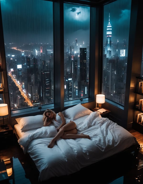 Tags: undefined
moody aesthetic, beautiful cozy, cramped bedroom with floor to ceiling glass windows overlooking a cyberpunk city at night, view from top of skyscraper, white bedsheets, bookshelves, thunderstorm outside with torrential rain, detailed, high resolution, photorealistic, dark, gloomy, nude topless blond woman small bare breasts 
Negative prompt: CGI, Unreal, Airbrushed, Digital, ((pubic hair)), deformed, disfigured, ugly, worst quality, low quality, bad quality, semi-realistic, cartoon,
Steps: 40, Sampler: DPM++ 3M SDE Karras, CFG scale: 7, Seed: 4236648308, Size: 896x1153, Model hash: aeb7e9e689, Model: juggernautXL_v8Rundiffusion, Denoising strength: 0.35, Hires upscale: 1.5, Hires upscaler: R-ESRGAN 4x+, Version: v1.7.0