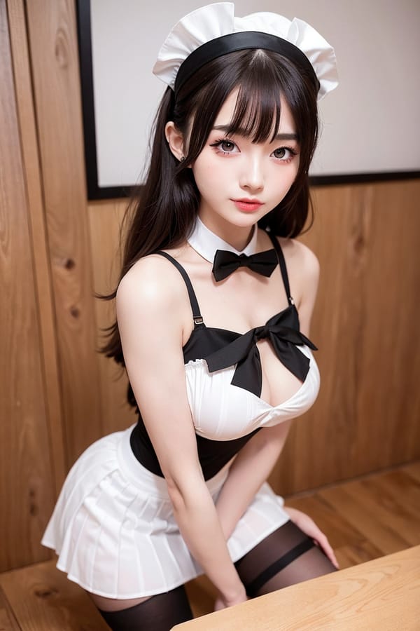 Tags: 21872187
<lora:taiwanDollLikeness_v20:0.50>, maid cafe, stockings, (maid costume:0.94), choker, bowtie, headband, (pleated skirt:1.15), (seductive pose:1.18), extremely detailed eyes, extremely detailed face, cute, (photorealistic:0.92), sexy lips, seductive smile, eyelashes, pale skin, perky breasts, textured skin, 4K, best quality, hyper realistic, tall, (long slim legs:0.91), delicate and beautiful girl, (dramatic:1.09)
Negative prompt: drawings, sketches, (normal quality:2.15), (worst quality:2.03)
Steps: 48, Sampler: DPM++ 2M Karras, CFG scale: 5.39, Seed: 1772077034, Size: 512x768, Model hash: fc2511737a, Model: chilloutmix_NiPrunedFp32Fix, Seed resize from: -1x-1, Denoising strength: 0.4, Version: v1.2.1, Hires upscale: 2.0, Hires steps: 16, Hires upscaler: ESRGAN_4x