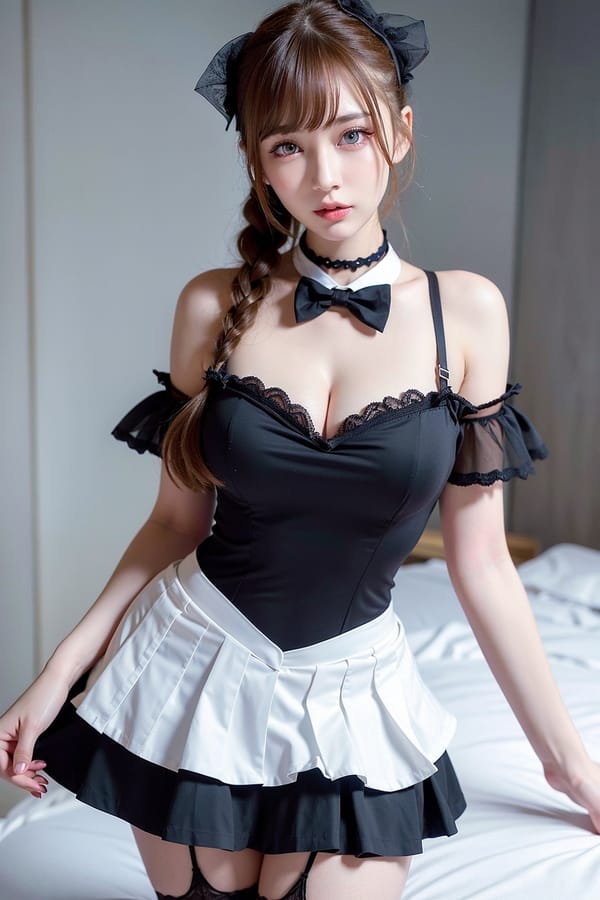 Tags: 21872187
<lora:taiwanDollLikeness_v20:0.46>, (russian:1.06), maid cafe, stockings, (maid costume:1.06), choker, bowtie, headband, (pleated skirt:1.05), (seductive pose:1.08), extremely detailed eyes, extremely detailed face, cute, (photorealistic:1.17), sexy lips, seductive smile, double eyelids, eyelashes, pale skin, perky breasts, textured skin, sharp, tall, (thigh gap:1.04), 1girl, solo, (dramatic:1.15)
Negative prompt: paintings, black and white, ugly, (worst quality:2.16)
Steps: 32, Sampler: DPM++ 2M Karras, CFG scale: 6.76, Seed: 1243850491, Size: 512x768, Model hash: fc2511737a, Model: chilloutmix_NiPrunedFp32Fix, Seed resize from: -1x-1, Denoising strength: 0.5, Version: v1.2.1, Hires upscale: 2.0, Hires steps: 16, Hires upscaler: ESRGAN_4x