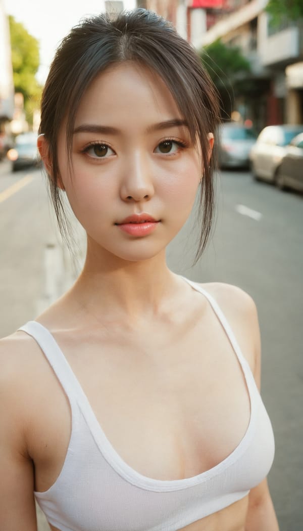 Tags: 21872187, SDXL
{"3": {"inputs": {"seed": 943770512401889, "steps": 64, "cfg": 5.26, "sampler_name": "dpmpp_2m", "scheduler": "karras", "denoise": 1.0, "model": ["27", 0], "positive": ["6", 0], "negative": ["7", 0], "latent_image": ["5", 0]}, "class_type": "KSampler"}, "4": {"inputs": {"ckpt_name": "juggernautxl.safetensors"}, "class_type": "CheckpointLoaderSimple"}, "5": {"inputs": {"width": 768, "height": 1344, "batch_size": 1}, "class_type": "EmptyLatentImage"}, "6": {"inputs": {"text": "25 year old girl, (double eyelids:1.10), (cute:1.05), (temptress:0.98), (seductive facial expression:1.13), (idol:0.99), (slim:1.12), (pale skin:1.04), (eyelashes:1.01), (sexy lips:1.10), (blush:1.00), (beautiful eyes:1.14), (detailed face:1.11), (seductive pose:1.06), (perky ass:0.99), (exposed ass:0.99), (looking back:0.96), (sexy ass:1.09), (thigh gap:1.05), (white tanktop:0.97), busy street, (film:1.07), (natural looking skin:1.04), (candid cinema:1.01), (portra:1.01), (skin fuzz:1.07), (textured skin:1.00), (detailed skin:1.00), (soft lighting:1.07)", "clip": ["27", 1]}, "class_type": "CLIPTextEncode"}, "7": {"inputs": {"text": "(worst quality:1.09), (twisted:1.07), (bad hands:1.06), (distorted:1.11), (open mouth:1.05), (watermark:1.08), (low resolution:1.13)", "clip": ["27", 1]}, "class_type": "CLIPTextEncode"}, "8": {"inputs": {"samples": ["3", 0], "vae": ["4", 2]}, "class_type": "VAEDecode"}, "25": {"inputs": {"lora_name": "nudify_xl.safetensors", "strength_model": 0.17, "strength_clip": 0.04, "model": ["4", 0], "clip": ["4", 1]}, "class_type": "LoraLoader"}, "26": {"inputs": {"lora_name": "shirtlift_SDXL_v2.safetensors", "strength_model": 0.16, "strength_clip": 0.14, "model": ["25", 0], "clip": ["25", 1]}, "class_type": "LoraLoader"}, "27": {"inputs": {"lora_name": "PerfectEyesXL.safetensors", "strength_model": 0.15, "strength_clip": 0.11, "model": ["26", 0], "clip": ["26", 1]}, "class_type": "LoraLoader"}, "30": {"inputs": {"model_name": "4x_NMKD-Superscale-SP_178000_G.pth"}, "class_type": "UpscaleModelLoader"}, "31": {"inputs": {"upscale_model": ["30", 0], "image": ["8", 0]}, "class_type": "ImageUpscaleWithModel"}, "32": {"inputs": {"upscale_method": "lanczos", "scale_by": 0.5, "image": ["31", 0]}, "class_type": "ImageScaleBy"}, "33": {"inputs": {"pixels": ["32", 0], "vae": ["4", 2]}, "class_type": "VAEEncode"}, "34": {"inputs": {"seed": 943770512401889, "steps": 64, "cfg": 5.26, "sampler_name": "dpmpp_2m", "scheduler": "karras", "denoise": 0.3, "model": ["27", 0], "positive": ["6", 0], "negative": ["7", 0], "latent_image": ["33", 0]}, "class_type": "KSampler"}, "36": {"inputs": {"samples": ["34", 0], "vae": ["4", 2]}, "class_type": "VAEDecode"}, "39": {"inputs": {"filename_prefix": "comfyapi-1726917684316", "images": ["36", 0]}, "class_type": "SaveImage"}}