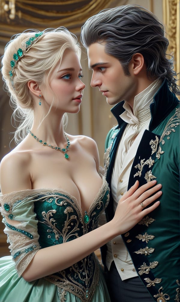 Tags: undefined
(topless nude her bare breast breasts nipples:1.7),
(man and a woman couple embracing each other there is a height difference between them), 
(1 topless blonde girl wearing green ballgown falling off shoulders exposing her bare breasts: 1.1),
(1 black haired man wearing black velvet ducal jacket with black swept back hair queue hansome:1.1), 

(ultra realistic:1.3),(best quality:1.3),(illustration:1.1),(hyper detailed:1.1),(high quality:1.1),masterpiece, pale complexion, intricate details, ultra detailed,(height difference:1.1),(eye contact:1.2),close together, emerald necklace,(blue colored eyes:1.2),(preparing to waltz:1.1),ballroom, small smile,elegant,1790s British formal clothes,
<lora:JuggerCineXL2:1>,<lora:LaxpeintXL-2.0:0.7>,<lora:add_detail:1>,<lora:more_details:1>,<lora:Tempest_Magic_-_XL_Grimoire:1>,<lora:detailed_notrigger:1>,
Negative prompt: ((hand, hands)),greyscale, bad anatomy, extra fingers, extra limbs, bad eyes,(mutated limbs:1.2),(mutated hands, mutated fingers:1.2),(deformed hands:1.2),simple background, signature, writing, logo, watermark, abnormal eye proportion,ugly-detailed-fingers,ugly-detailed-toes,fingers-in-worst-possible-shape,worst-detailed-eyes,undetailed-eyes,undetailed-fingers,mustache,closed-eyes,(wrinkled-coat:1.1),
Steps: 36, Sampler: Euler a, CFG scale: 1.5, Seed: 2982642803, Size: 768x1280, Model hash: c8df560d29, Model: juggernautXL_v9Rdphoto2Lightning, Denoising strength: 0.4, Hires upscale: 1.35, Hires steps: 4, Hires upscaler: R-ESRGAN 4x+, Lora hashes: "JuggerCineXL2: 91f68961ddc0, more_details: 3b8aa1d351ef, Tempest_Magic_-_XL_Grimoire: 705cf362e7a7, detailed_notrigger: 0f984fef7394", Version: v1.8.0