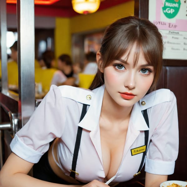 Tags: 21872187, SDXL
{"3": {"inputs": {"seed": 117267838686269, "steps": 64, "cfg": 7.01, "sampler_name": "dpmpp_2m", "scheduler": "karras", "denoise": 1.0, "model": ["27", 0], "positive": ["6", 0], "negative": ["7", 0], "latent_image": ["5", 0]}, "class_type": "KSampler"}, "4": {"inputs": {"ckpt_name": "helloworldxl.safetensors"}, "class_type": "CheckpointLoaderSimple"}, "5": {"inputs": {"width": 1024, "height": 1024, "batch_size": 1}, "class_type": "EmptyLatentImage"}, "6": {"inputs": {"text": "23 year old girl, (ukrainian:1.09), (cute:1.04), (sexy lips:0.97), (temptress:1.00), (pale skin:0.98), (eyelashes:0.97), (seductive facial expression:0.96), (double eyelids:1.06), (detailed face:1.10), (beautiful eyes:0.97), (slim:1.05), (blush:1.08), (seductive pose:1.06), (idol:1.13), (in a seductive pose:1.01), (large perky breasts:0.96), (cleavage:0.95), (thigh gap:1.07), (a waitress in uniform:1.12) working at a restaurant, (candid cinema:1.05), (detailed skin:1.02), (portra:1.02), (RAW:1.04), (soft lighting:1.02), (textured skin:1.06), (film:1.06), (skin fuzz:1.08), (natural looking skin:1.05)", "clip": ["27", 1]}, "class_type": "CLIPTextEncode"}, "7": {"inputs": {"text": "(low resolution:1.09), (bad hands:1.07), (worst quality:1.05), (watermark:1.07), (distorted:1.11), (twisted:1.06), (open mouth:1.06)", "clip": ["27", 1]}, "class_type": "CLIPTextEncode"}, "8": {"inputs": {"samples": ["3", 0], "vae": ["4", 2]}, "class_type": "VAEDecode"}, "25": {"inputs": {"lora_name": "nudify_xl.safetensors", "strength_model": 0.04, "strength_clip": 0.12, "model": ["4", 0], "clip": ["4", 1]}, "class_type": "LoraLoader"}, "26": {"inputs": {"lora_name": "shirtlift_SDXL_v2.safetensors", "strength_model": 0.09, "strength_clip": 0.19, "model": ["25", 0], "clip": ["25", 1]}, "class_type": "LoraLoader"}, "27": {"inputs": {"lora_name": "PerfectEyesXL.safetensors", "strength_model": 0.11, "strength_clip": 0.09, "model": ["26", 0], "clip": ["26", 1]}, "class_type": "LoraLoader"}, "30": {"inputs": {"model_name": "4x_NMKD-Superscale-SP_178000_G.pth"}, "class_type": "UpscaleModelLoader"}, "31": {"inputs": {"upscale_model": ["30", 0], "image": ["8", 0]}, "class_type": "ImageUpscaleWithModel"}, "32": {"inputs": {"upscale_method": "lanczos", "scale_by": 0.5, "image": ["31", 0]}, "class_type": "ImageScaleBy"}, "33": {"inputs": {"pixels": ["32", 0], "vae": ["4", 2]}, "class_type": "VAEEncode"}, "34": {"inputs": {"seed": 117267838686269, "steps": 64, "cfg": 7.01, "sampler_name": "dpmpp_2m", "scheduler": "karras", "denoise": 0.3, "model": ["27", 0], "positive": ["6", 0], "negative": ["7", 0], "latent_image": ["33", 0]}, "class_type": "KSampler"}, "36": {"inputs": {"samples": ["34", 0], "vae": ["4", 2]}, "class_type": "VAEDecode"}, "39": {"inputs": {"filename_prefix": "comfyapi-1735516486884", "images": ["36", 0]}, "class_type": "SaveImage"}}