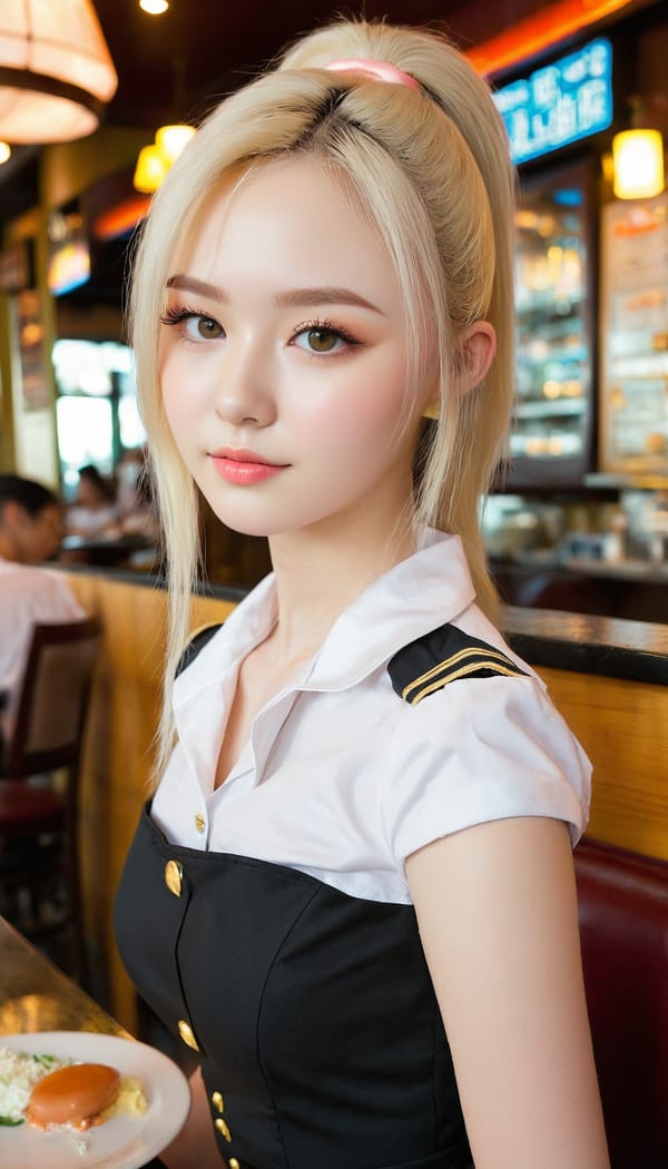 Tags: 21872187, SDXL
{"3": {"inputs": {"seed": 380461269012083, "steps": 32, "cfg": 6.88, "sampler_name": "dpmpp_2m", "scheduler": "karras", "denoise": 1.0, "model": ["27", 0], "positive": ["6", 0], "negative": ["7", 0], "latent_image": ["5", 0]}, "class_type": "KSampler"}, "4": {"inputs": {"ckpt_name": "juggernautxl.safetensors"}, "class_type": "CheckpointLoaderSimple"}, "5": {"inputs": {"width": 768, "height": 1344, "batch_size": 1}, "class_type": "EmptyLatentImage"}, "6": {"inputs": {"text": "18 year old girl, (eyelashes:1.07), (detailed face:1.02), (seductive facial expression:1.08), (idol:1.06), (pale skin:1.00), (slim:1.01), (temptress:1.10), (cute:1.06), (beautiful eyes:0.95), (double eyelids:1.04), (sexy lips:1.04), (seductive pose:0.96), (blush:0.98), (in a seductive pose:0.97), (large perky breasts:0.96), (cleavage:0.98), (thigh gap:0.98), (a waitress in uniform:1.09) working at a restaurant, (film:1.03), (detailed skin:1.03), (portra:1.00), (natural looking skin:1.01), (soft lighting:1.03), (textured skin:1.04), (skin fuzz:1.03), (RAW:1.07)", "clip": ["27", 1]}, "class_type": "CLIPTextEncode"}, "7": {"inputs": {"text": "(twisted:1.11), (bad hands:1.08), (distorted:1.12), (watermark:1.05), (open mouth:1.13), (low resolution:1.09), (worst quality:1.07)", "clip": ["27", 1]}, "class_type": "CLIPTextEncode"}, "8": {"inputs": {"samples": ["3", 0], "vae": ["4", 2]}, "class_type": "VAEDecode"}, "25": {"inputs": {"lora_name": "nudify_xl.safetensors", "strength_model": 0.35, "strength_clip": 0.37, "model": ["4", 0], "clip": ["4", 1]}, "class_type": "LoraLoader"}, "26": {"inputs": {"lora_name": "shirtlift_SDXL_v2.safetensors", "strength_model": 0.15, "strength_clip": 0.15, "model": ["25", 0], "clip": ["25", 1]}, "class_type": "LoraLoader"}, "27": {"inputs": {"lora_name": "PerfectEyesXL.safetensors", "strength_model": 0.11, "strength_clip": 0.1, "model": ["26", 0], "clip": ["26", 1]}, "class_type": "LoraLoader"}, "30": {"inputs": {"model_name": "4x_NMKD-Superscale-SP_178000_G.pth"}, "class_type": "UpscaleModelLoader"}, "31": {"inputs": {"upscale_model": ["30", 0], "image": ["8", 0]}, "class_type": "ImageUpscaleWithModel"}, "32": {"inputs": {"upscale_method": "lanczos", "scale_by": 0.5, "image": ["31", 0]}, "class_type": "ImageScaleBy"}, "33": {"inputs": {"pixels": ["32", 0], "vae": ["4", 2]}, "class_type": "VAEEncode"}, "34": {"inputs": {"seed": 380461269012083, "steps": 32, "cfg": 6.88, "sampler_name": "dpmpp_2m", "scheduler": "karras", "denoise": 0.3, "model": ["27", 0], "positive": ["6", 0], "negative": ["7", 0], "latent_image": ["33", 0]}, "class_type": "KSampler"}, "36": {"inputs": {"samples": ["34", 0], "vae": ["4", 2]}, "class_type": "VAEDecode"}, "39": {"inputs": {"filename_prefix": "comfyapi-1713295454120", "images": ["36", 0]}, "class_type": "SaveImage"}}