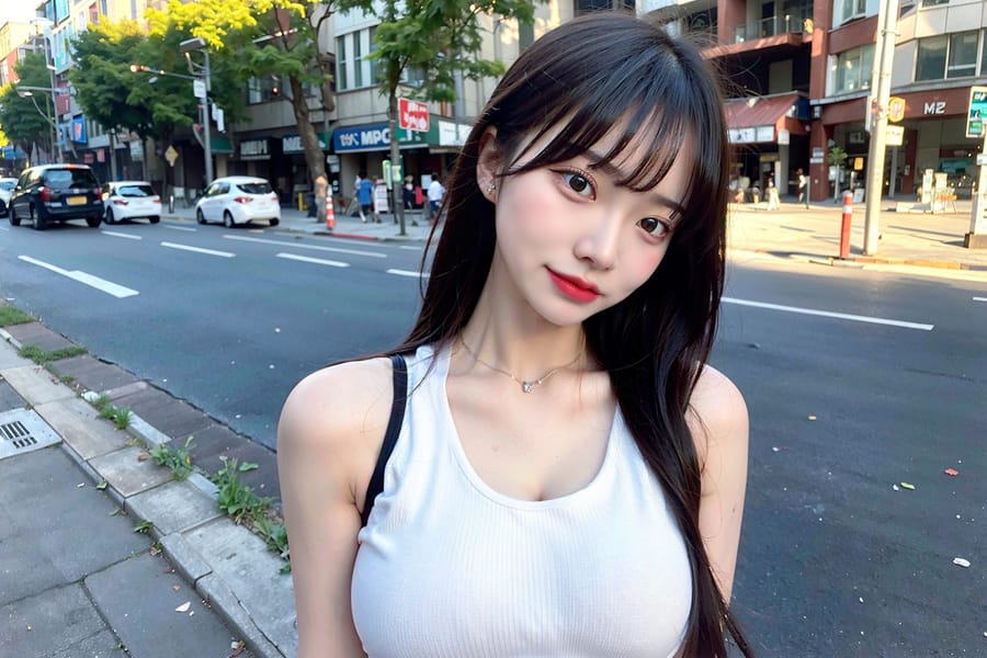Tags: 21872187
<lora:JapaneseDollLikeness_v15:0.40>, <lora:koreanDollLikeness:0.61>, <lora:taiwanDollLikeness_v20:0.60>, (ukrainian:1.04), (white tank top:1.02), (large breasts:0.91), busy street in urban city, (seductive pose:1.02), extremely detailed face, cute, seductive smile, double eyelids, eyelashes, pale skin, perky breasts, full body portrait, textured skin, 4K, RAW, best quality, hyper realistic, tall, (long slim legs:0.92), (thigh gap:1.00), blush, solo, (dramatic:1.12)
Negative prompt: drawings, paintings, ugly, (worst quality:2.13)
Steps: 48, Sampler: DPM++ 2M Karras, CFG scale: 6.34, Seed: 2097354712, Size: 768x512, Model hash: fc2511737a, Model: chilloutmix_NiPrunedFp32Fix, Seed resize from: -1x-1, Denoising strength: 0.5, Version: v1.2.1, Hires upscale: 2.5, Hires steps: 16, Hires upscaler: ESRGAN_4x
