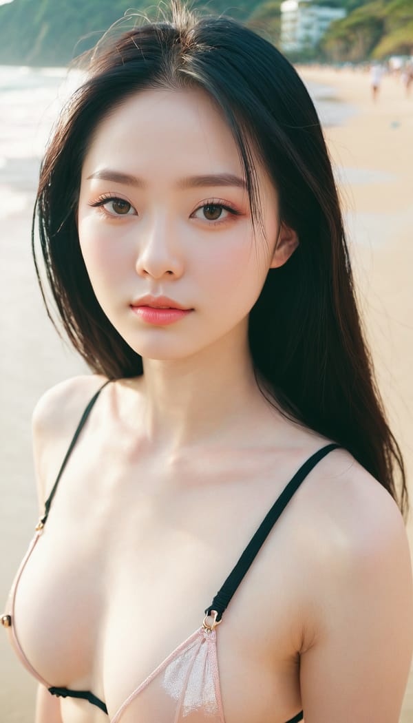 Tags: 21872187, SDXL
{"3": {"inputs": {"seed": 433816520707282, "steps": 64, "cfg": 7.88, "sampler_name": "dpmpp_2m", "scheduler": "karras", "denoise": 1.0, "model": ["27", 0], "positive": ["6", 0], "negative": ["7", 0], "latent_image": ["5", 0]}, "class_type": "KSampler"}, "4": {"inputs": {"ckpt_name": "juggernautxl.safetensors"}, "class_type": "CheckpointLoaderSimple"}, "5": {"inputs": {"width": 768, "height": 1344, "batch_size": 1}, "class_type": "EmptyLatentImage"}, "6": {"inputs": {"text": "25 year old girl, (double eyelids:1.10), (idol:1.13), (pale skin:1.06), (blush:1.06), (temptress:1.01), (beautiful eyes:1.03), (detailed face:1.08), (seductive facial expression:1.12), (sexy lips:1.04), (seductive pose:0.95), (cute:0.95), (eyelashes:0.99), (slim:1.09), (perky ass:0.97), (exposed ass:1.01), (looking back:1.00), (sexy ass:1.01), (thigh gap:1.08), wearing (bikini:1.04) at a beach, (film:1.05), (portra:1.00), (skin fuzz:1.01), (RAW:1.07), (candid cinema:1.02), (textured skin:1.08), (soft lighting:1.01), (natural looking skin:1.07), (detailed skin:1.07)", "clip": ["27", 1]}, "class_type": "CLIPTextEncode"}, "7": {"inputs": {"text": "(twisted:1.14), (watermark:1.12), (open mouth:1.08), (low resolution:1.12), (distorted:1.14), (bad hands:1.13), (worst quality:1.09)", "clip": ["27", 1]}, "class_type": "CLIPTextEncode"}, "8": {"inputs": {"samples": ["3", 0], "vae": ["4", 2]}, "class_type": "VAEDecode"}, "25": {"inputs": {"lora_name": "nudify_xl.safetensors", "strength_model": 0.12, "strength_clip": 0.21, "model": ["4", 0], "clip": ["4", 1]}, "class_type": "LoraLoader"}, "26": {"inputs": {"lora_name": "shirtlift_SDXL_v2.safetensors", "strength_model": 0.01, "strength_clip": 0.0, "model": ["25", 0], "clip": ["25", 1]}, "class_type": "LoraLoader"}, "27": {"inputs": {"lora_name": "PerfectEyesXL.safetensors", "strength_model": 0.01, "strength_clip": 0.09, "model": ["26", 0], "clip": ["26", 1]}, "class_type": "LoraLoader"}, "30": {"inputs": {"model_name": "4x_NMKD-Superscale-SP_178000_G.pth"}, "class_type": "UpscaleModelLoader"}, "31": {"inputs": {"upscale_model": ["30", 0], "image": ["8", 0]}, "class_type": "ImageUpscaleWithModel"}, "32": {"inputs": {"upscale_method": "lanczos", "scale_by": 0.5, "image": ["31", 0]}, "class_type": "ImageScaleBy"}, "33": {"inputs": {"pixels": ["32", 0], "vae": ["4", 2]}, "class_type": "VAEEncode"}, "34": {"inputs": {"seed": 433816520707282, "steps": 64, "cfg": 7.88, "sampler_name": "dpmpp_2m", "scheduler": "karras", "denoise": 0.3, "model": ["27", 0], "positive": ["6", 0], "negative": ["7", 0], "latent_image": ["33", 0]}, "class_type": "KSampler"}, "36": {"inputs": {"samples": ["34", 0], "vae": ["4", 2]}, "class_type": "VAEDecode"}, "39": {"inputs": {"filename_prefix": "comfyapi-1717603933727", "images": ["36", 0]}, "class_type": "SaveImage"}}